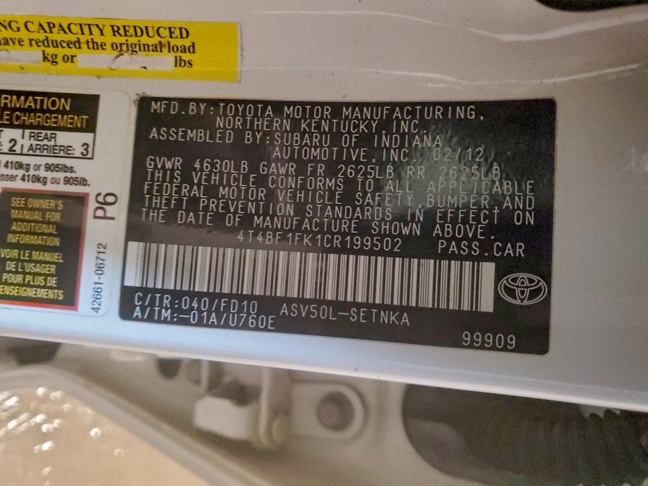 2012 TOYOTA CAMRY BASE photo 12