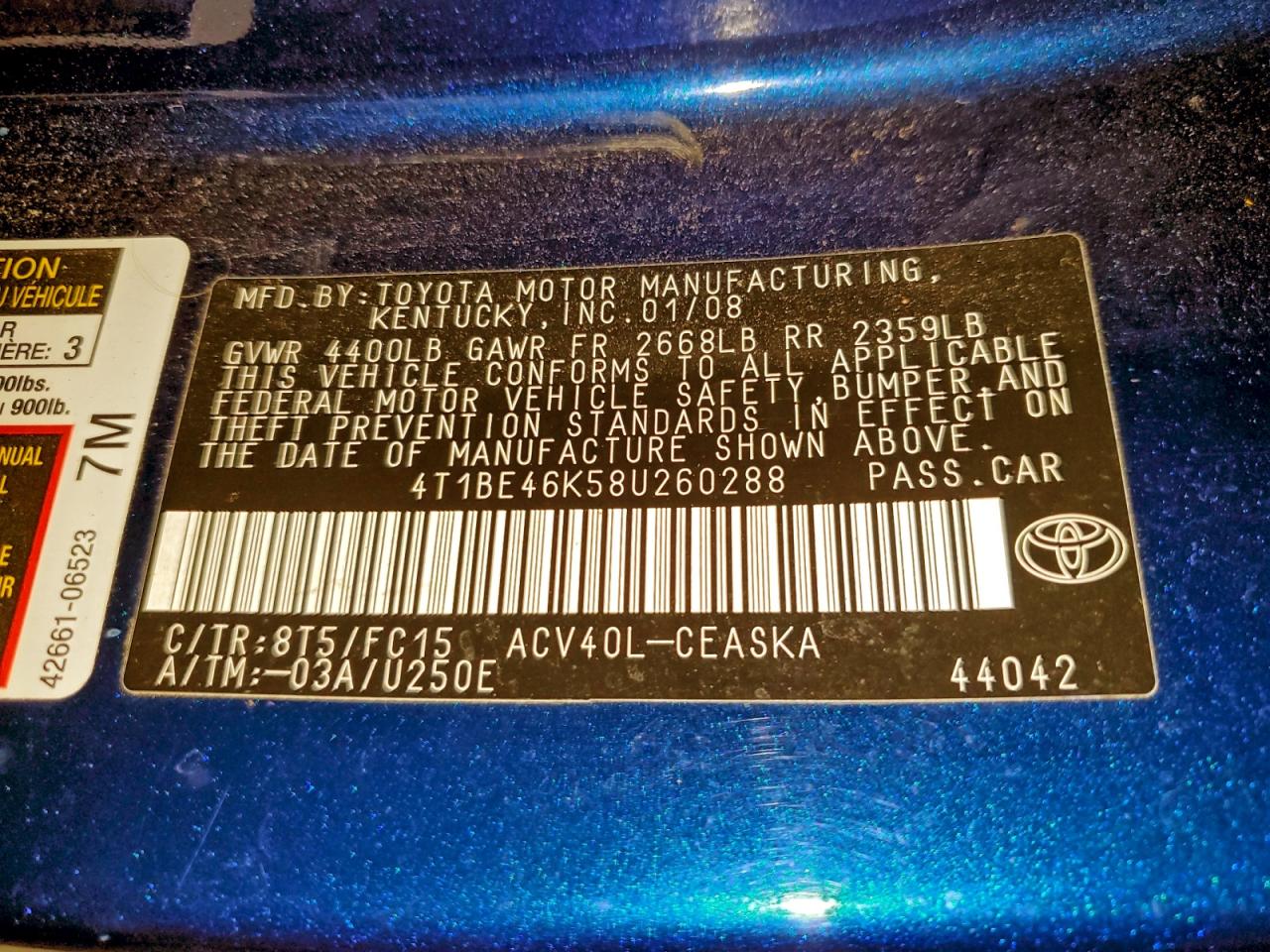 2008 TOYOTA CAMRY CE photo 12