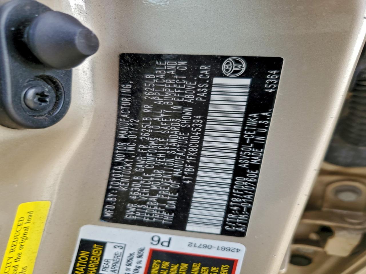 2012 TOYOTA CAMRY BASE photo 12