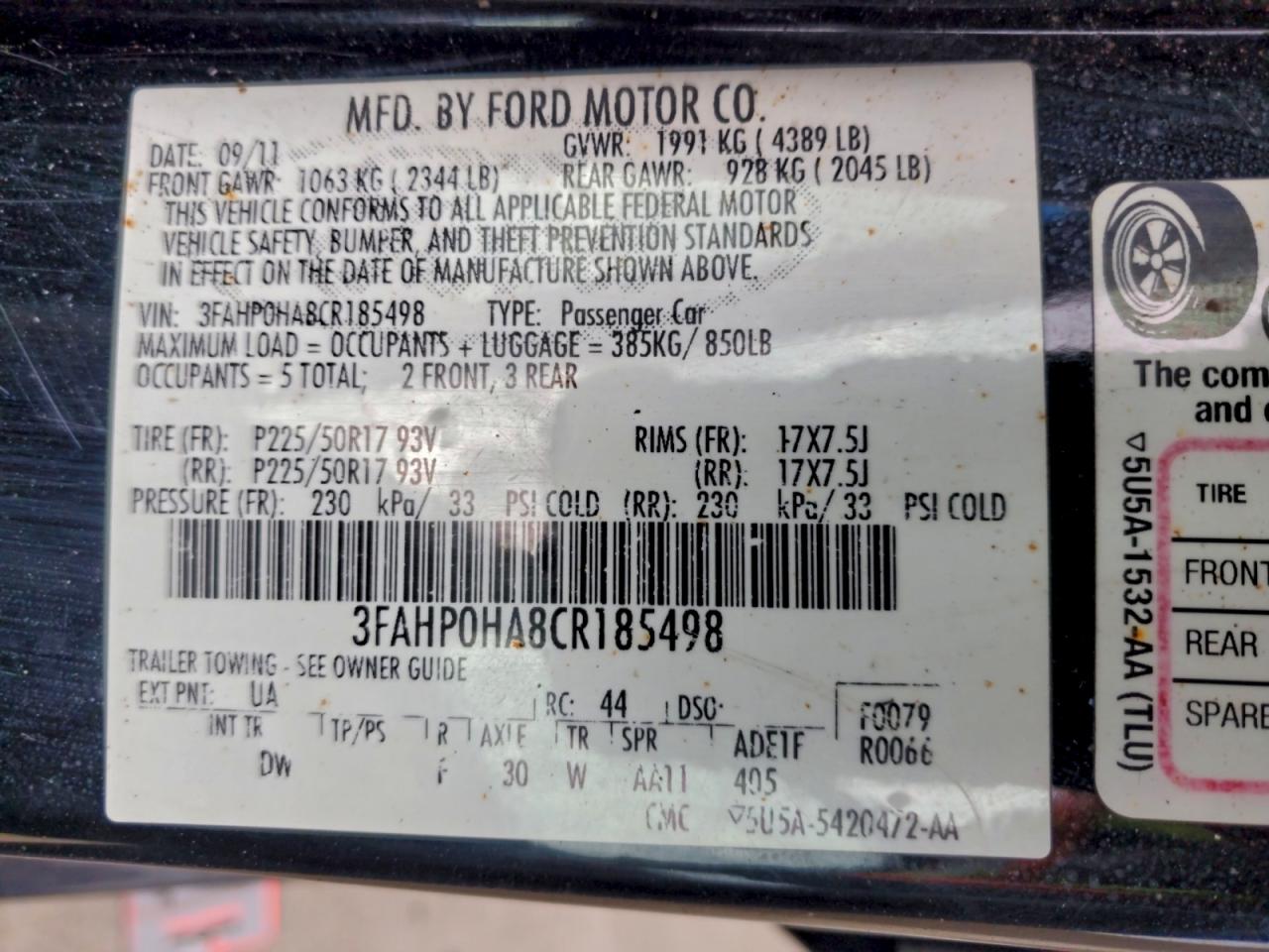 2012 FORD FUSION SE photo 12