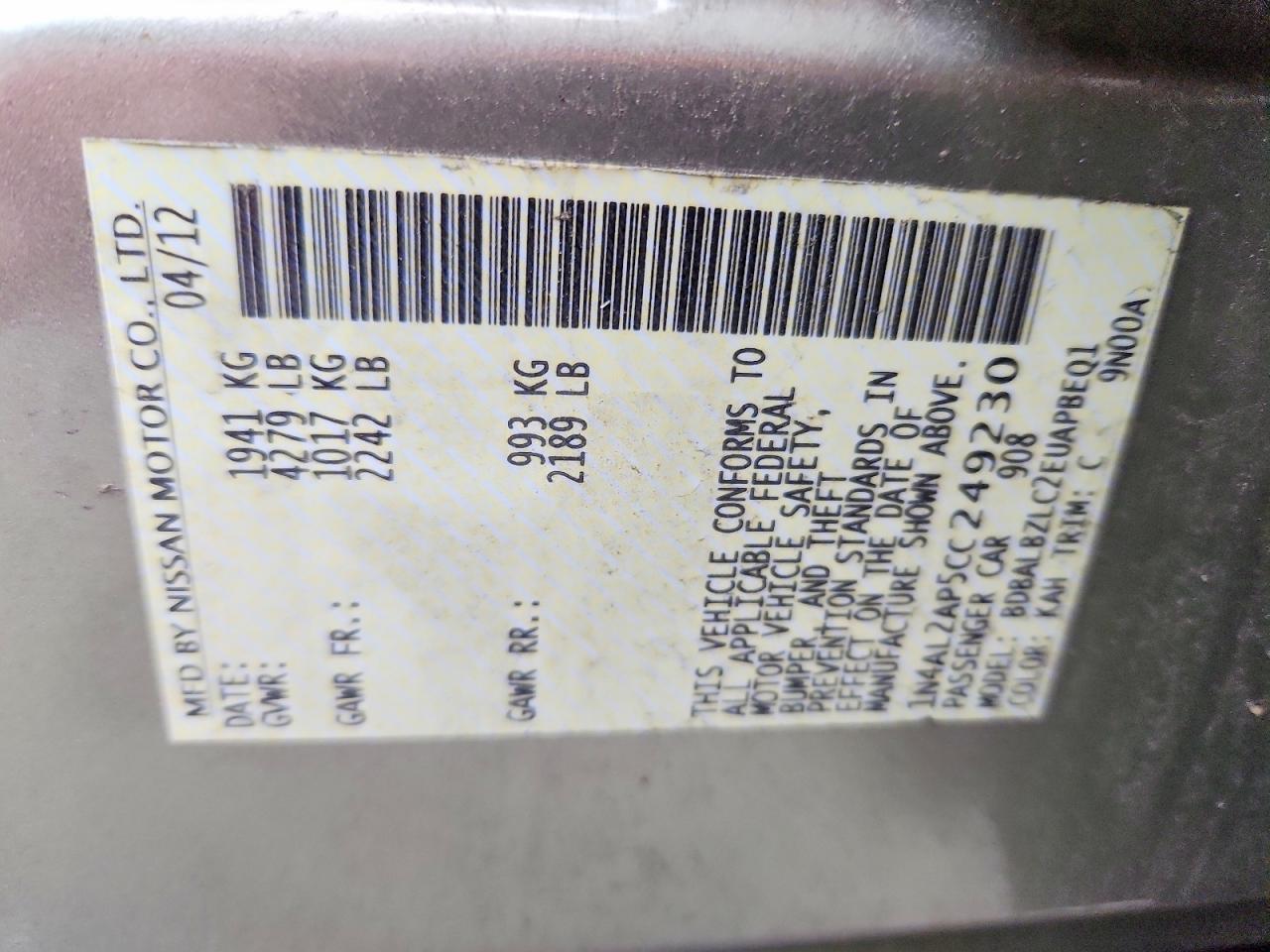 2012 NISSAN ALTIMA BASE photo 12