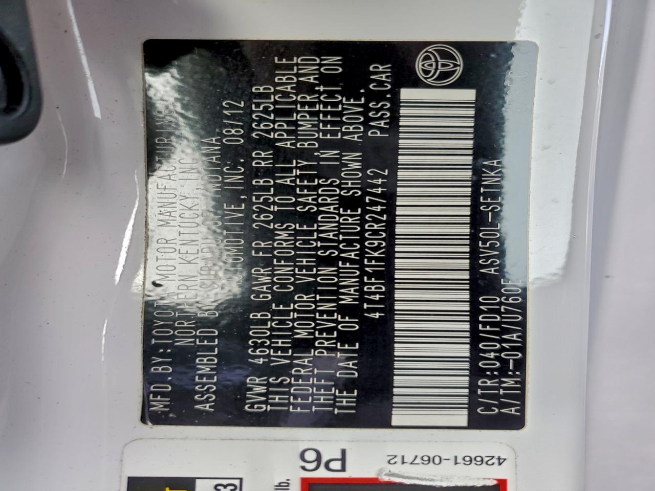 2012 TOYOTA CAMRY BASE photo 12