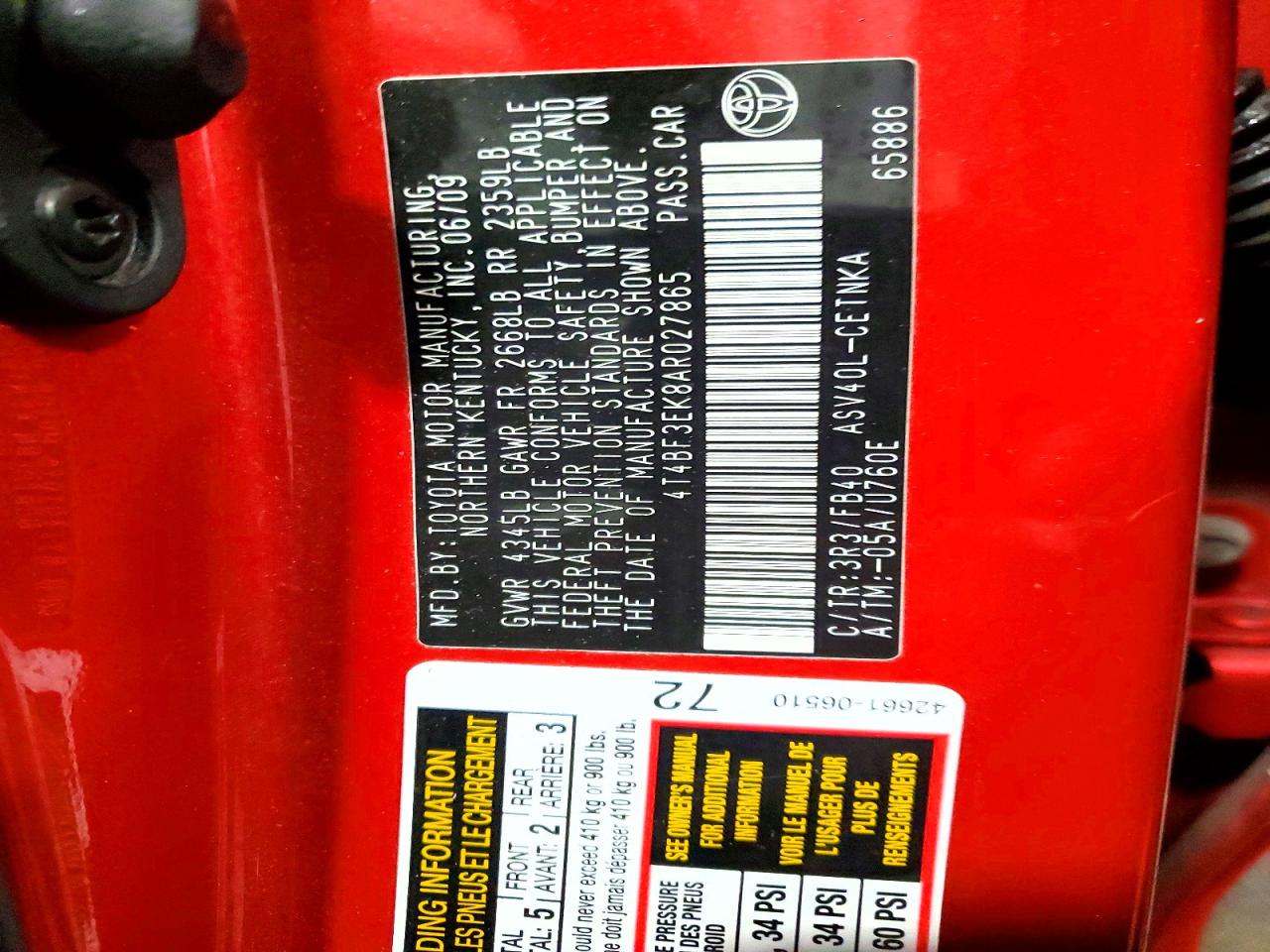 2010 TOYOTA CAMRY BASE photo 12
