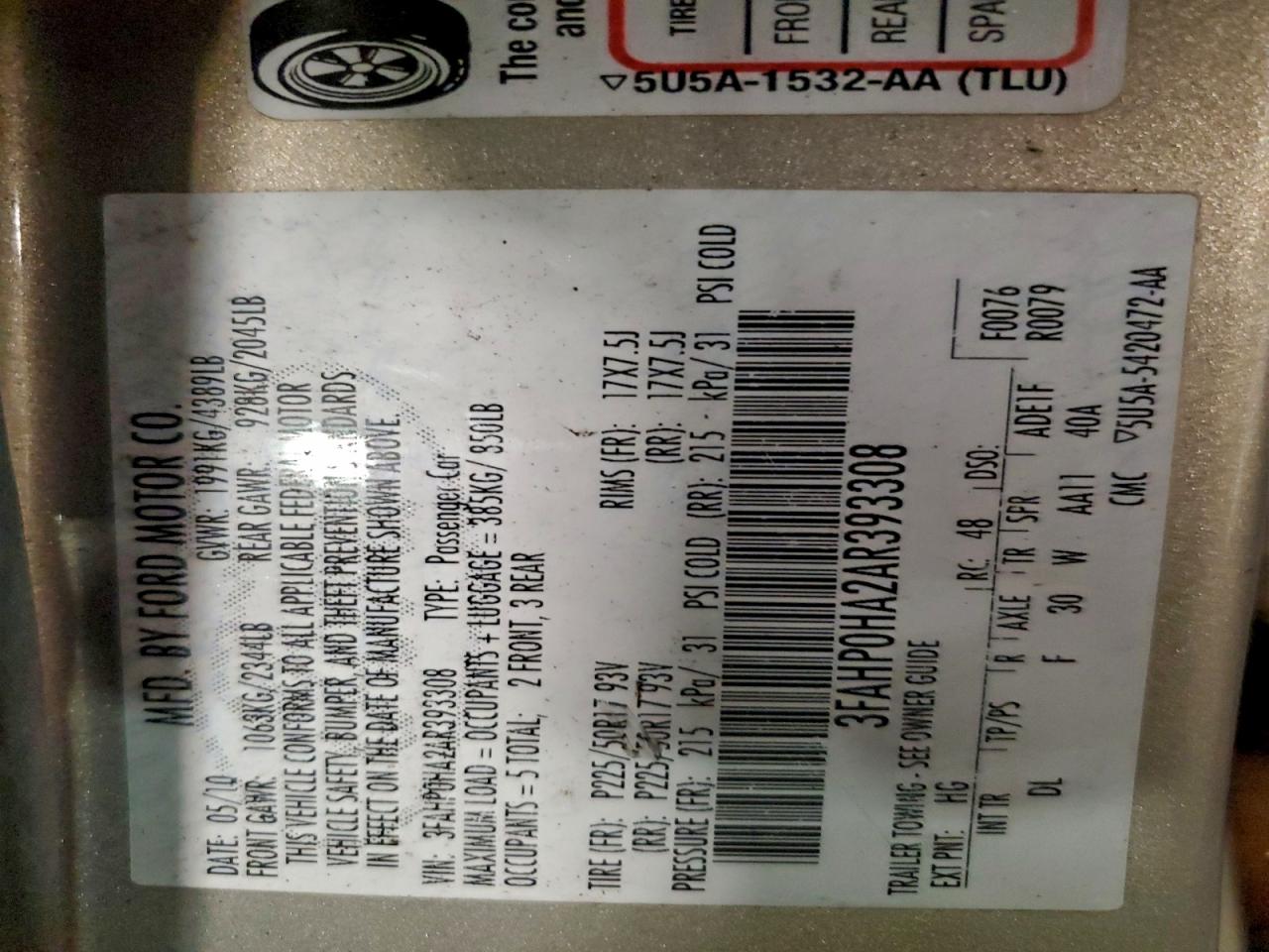 2010 FORD FUSION SE photo 12