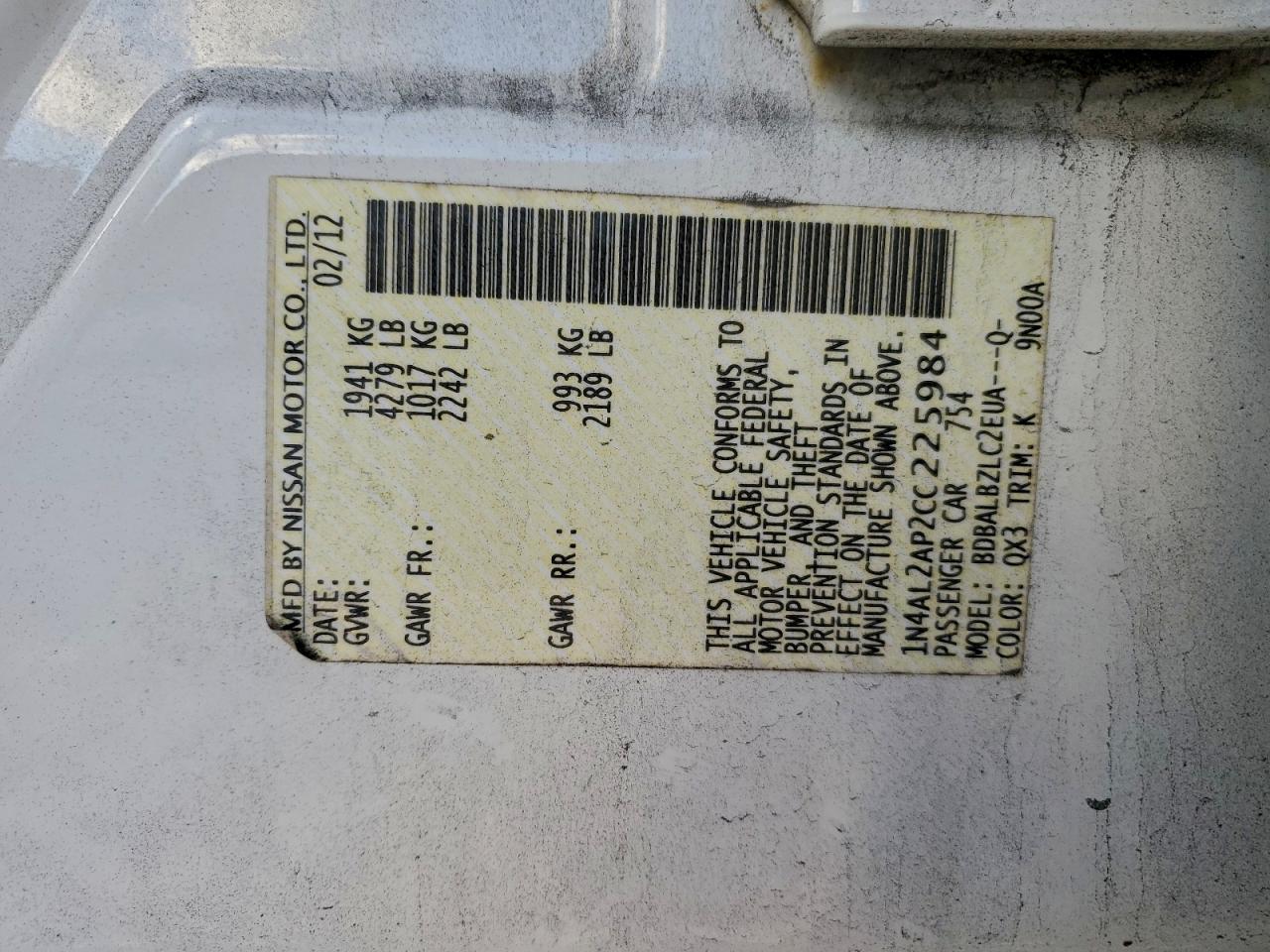 2012 NISSAN ALTIMA BASE photo 12