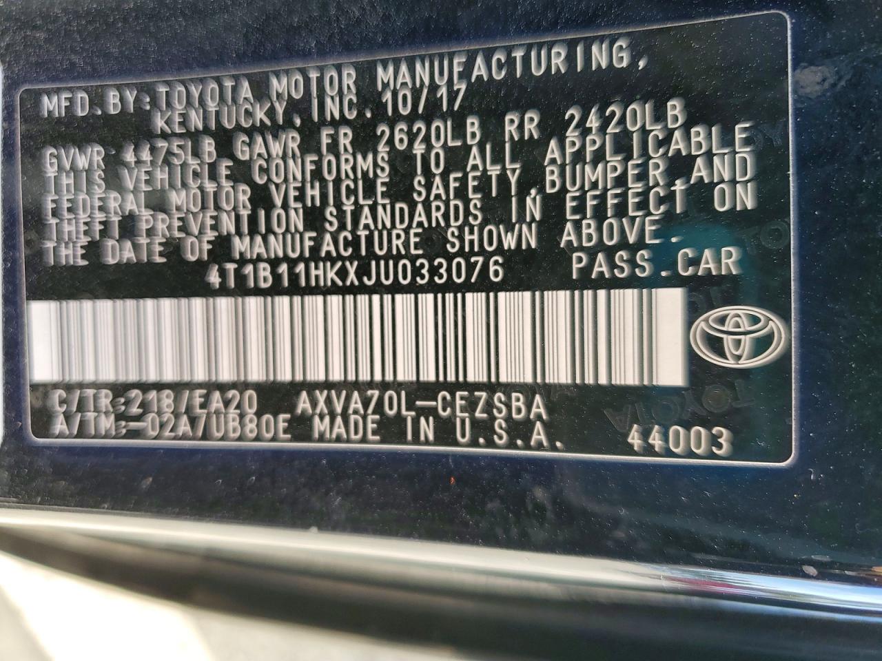2018 TOYOTA CAMRY L photo 13