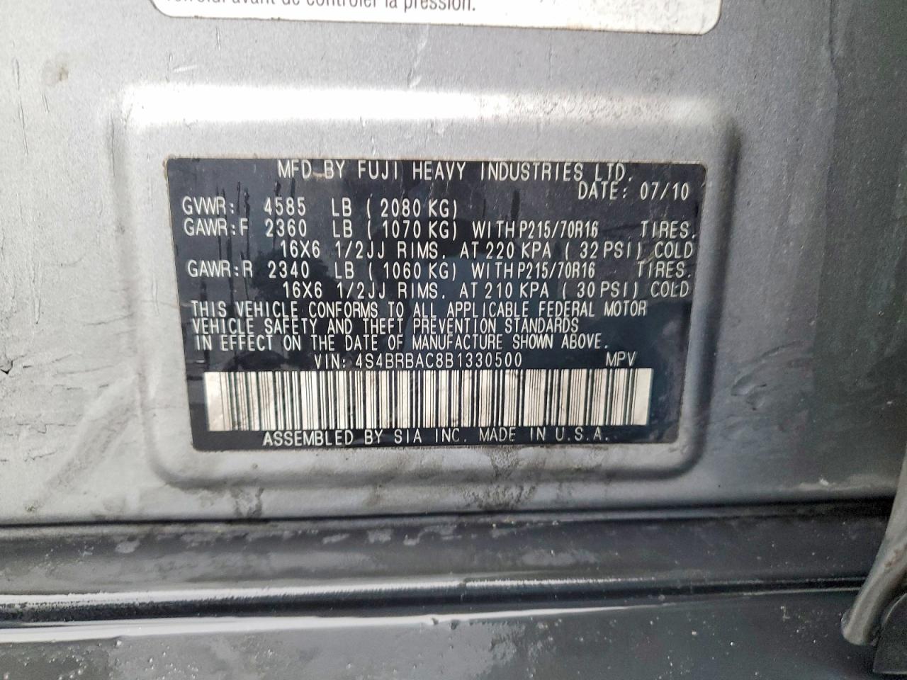 2011 SUBARU OUTBACK 2.5I photo 14