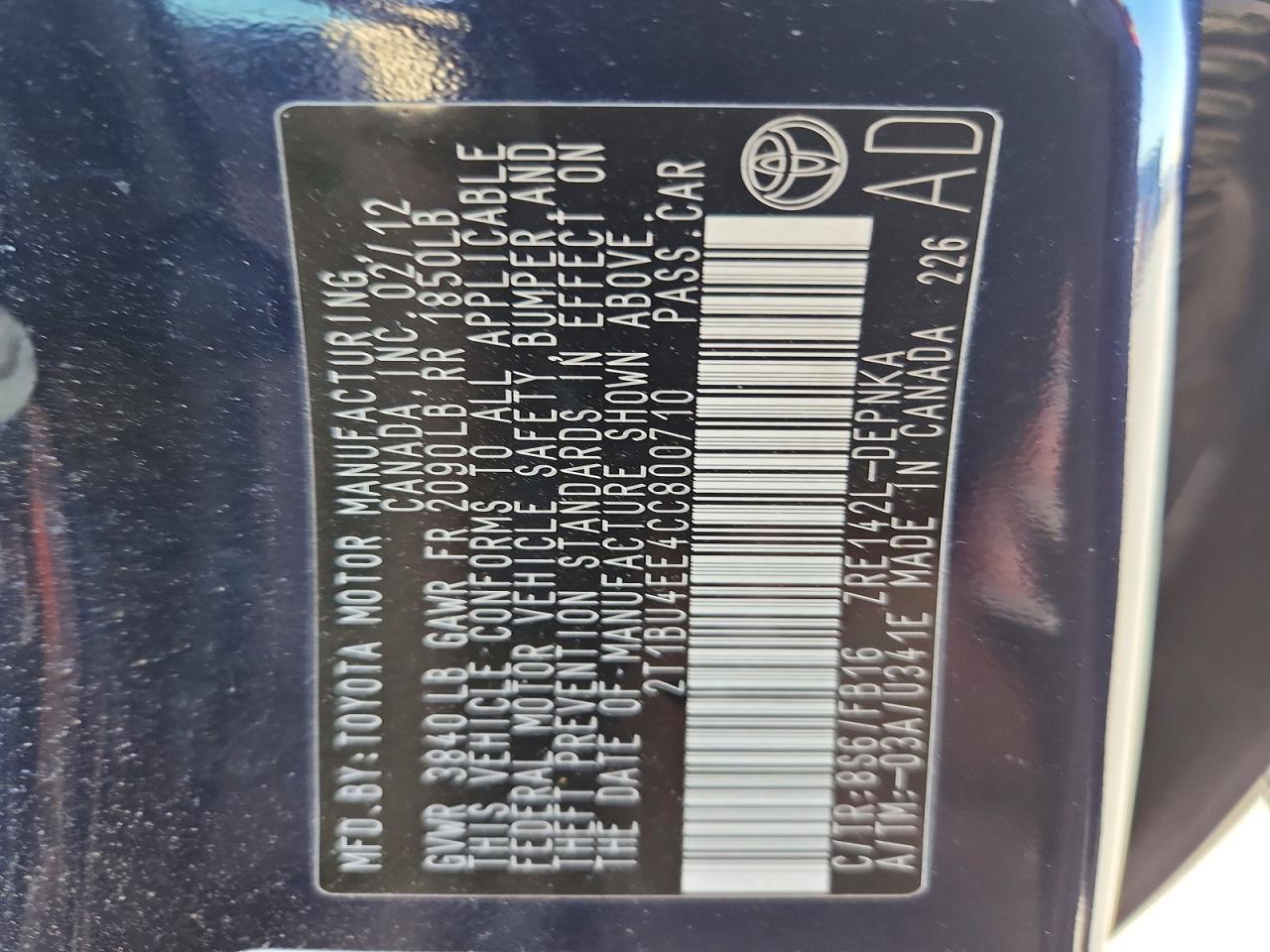 2012 TOYOTA COROLLA BASE photo 12