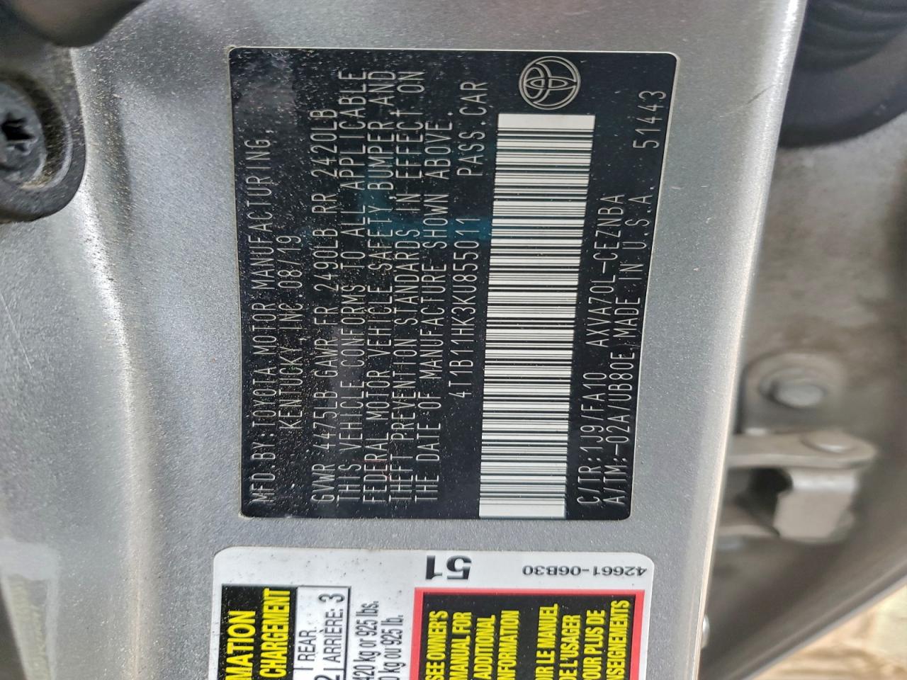 2019 TOYOTA CAMRY L photo 12