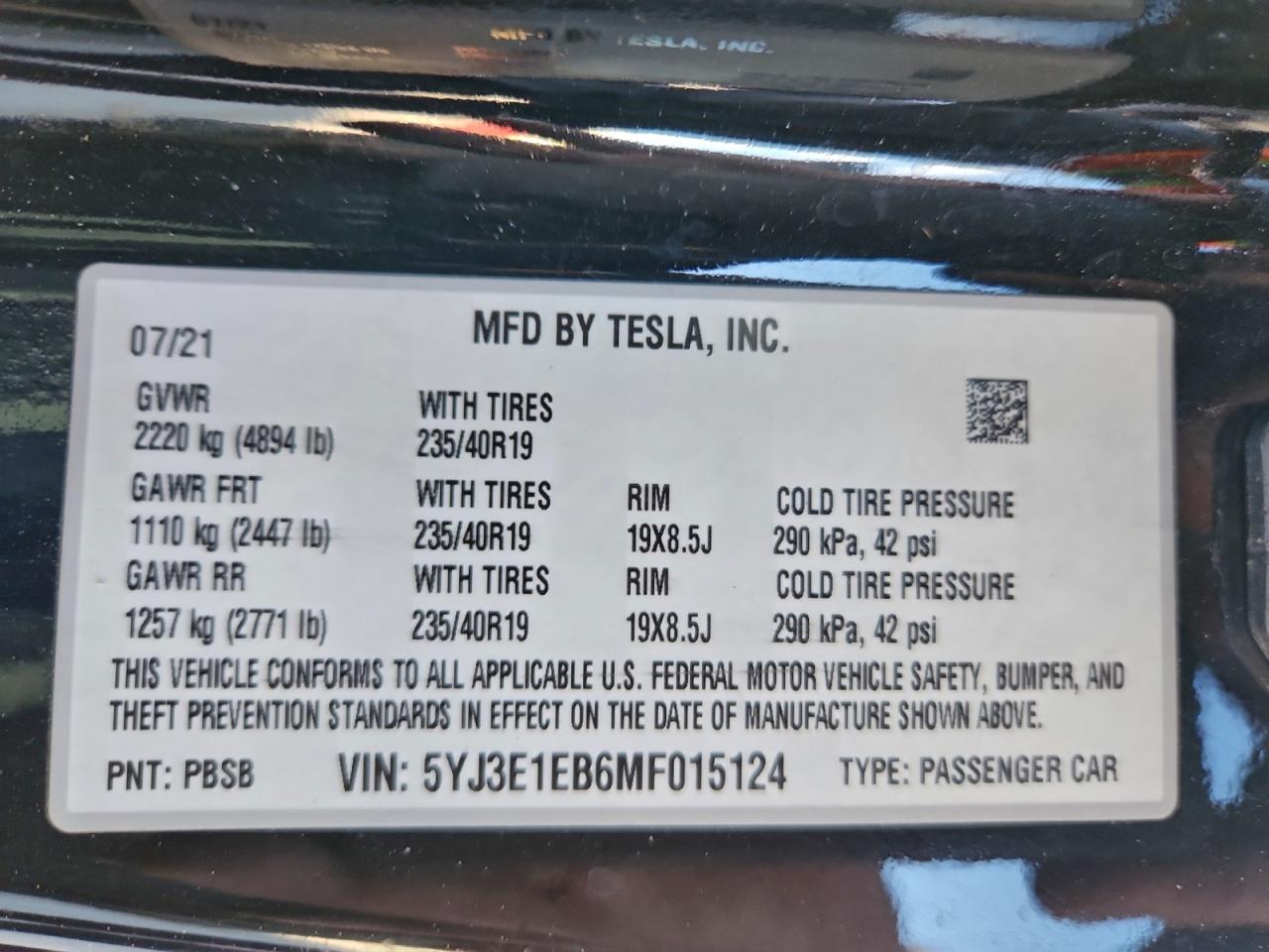 2021 TESLA MODEL 3 photo 12