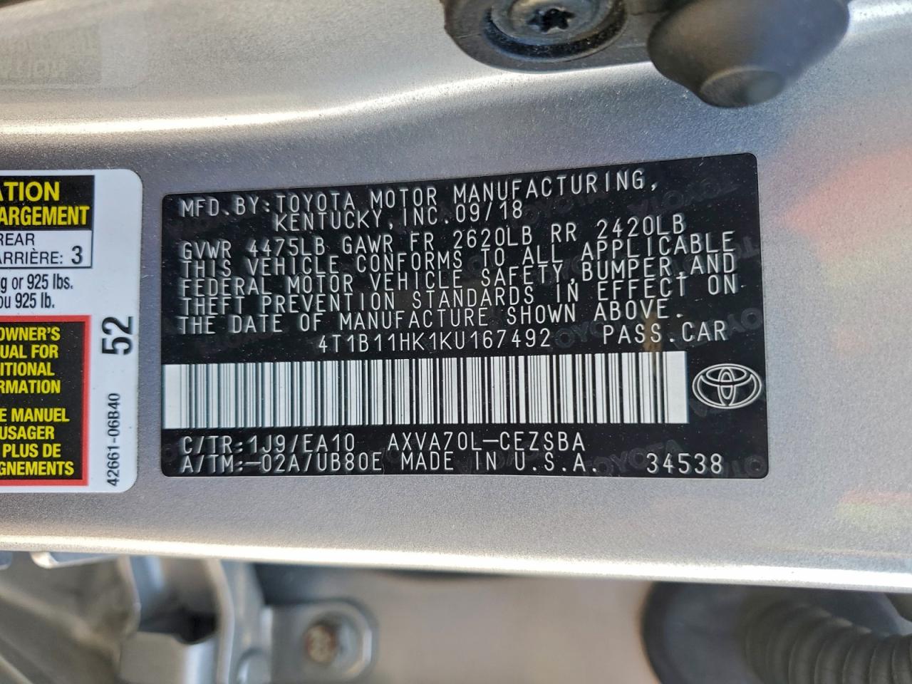 2019 TOYOTA CAMRY L photo 13
