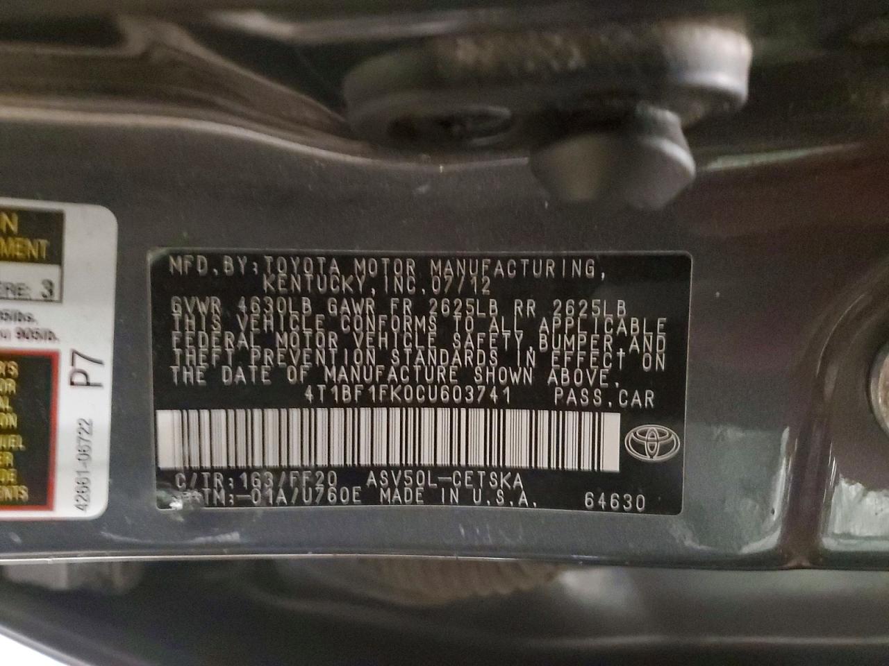 2012 TOYOTA CAMRY BASE photo 12