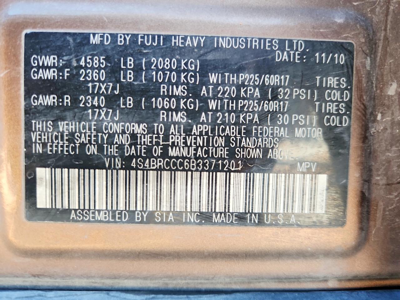 2011 SUBARU OUTBACK 2.5I PREMIUM photo 14