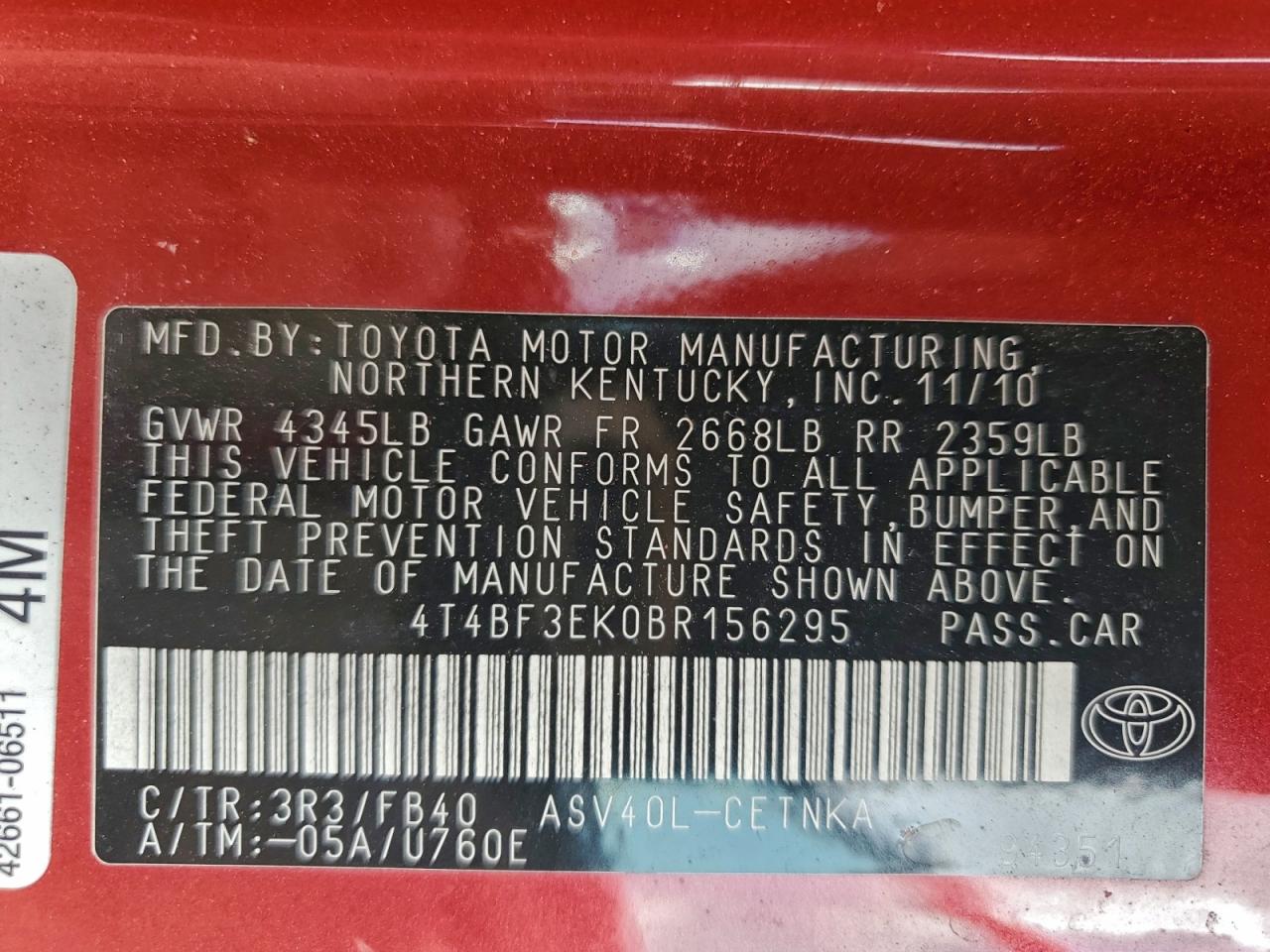 2011 TOYOTA CAMRY BASE photo 12