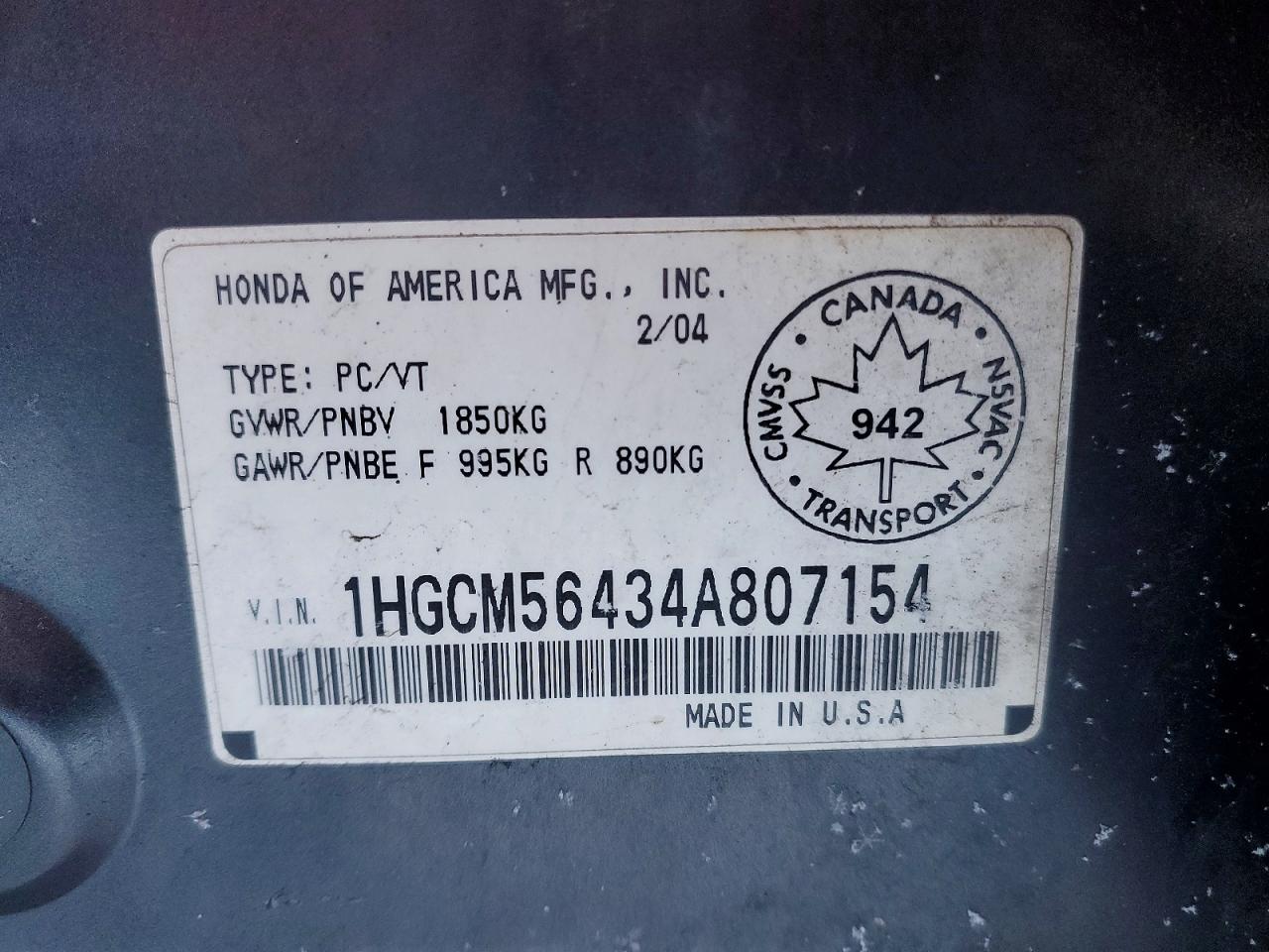 2004 HONDA ACCORD LX photo 13
