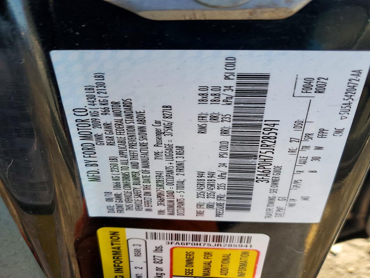 2018 FORD FUSION SE photo 12