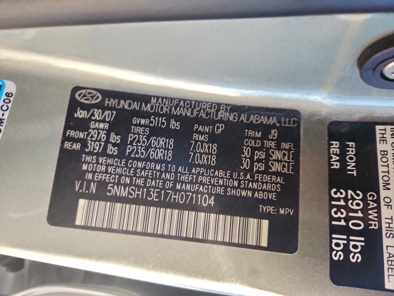 2007 HYUNDAI SANTA FE SE photo 12