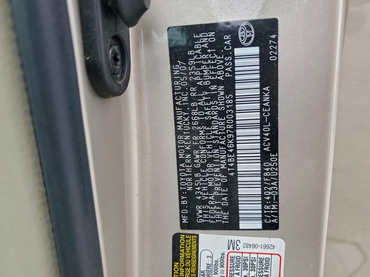 2007 TOYOTA CAMRY CE photo 12