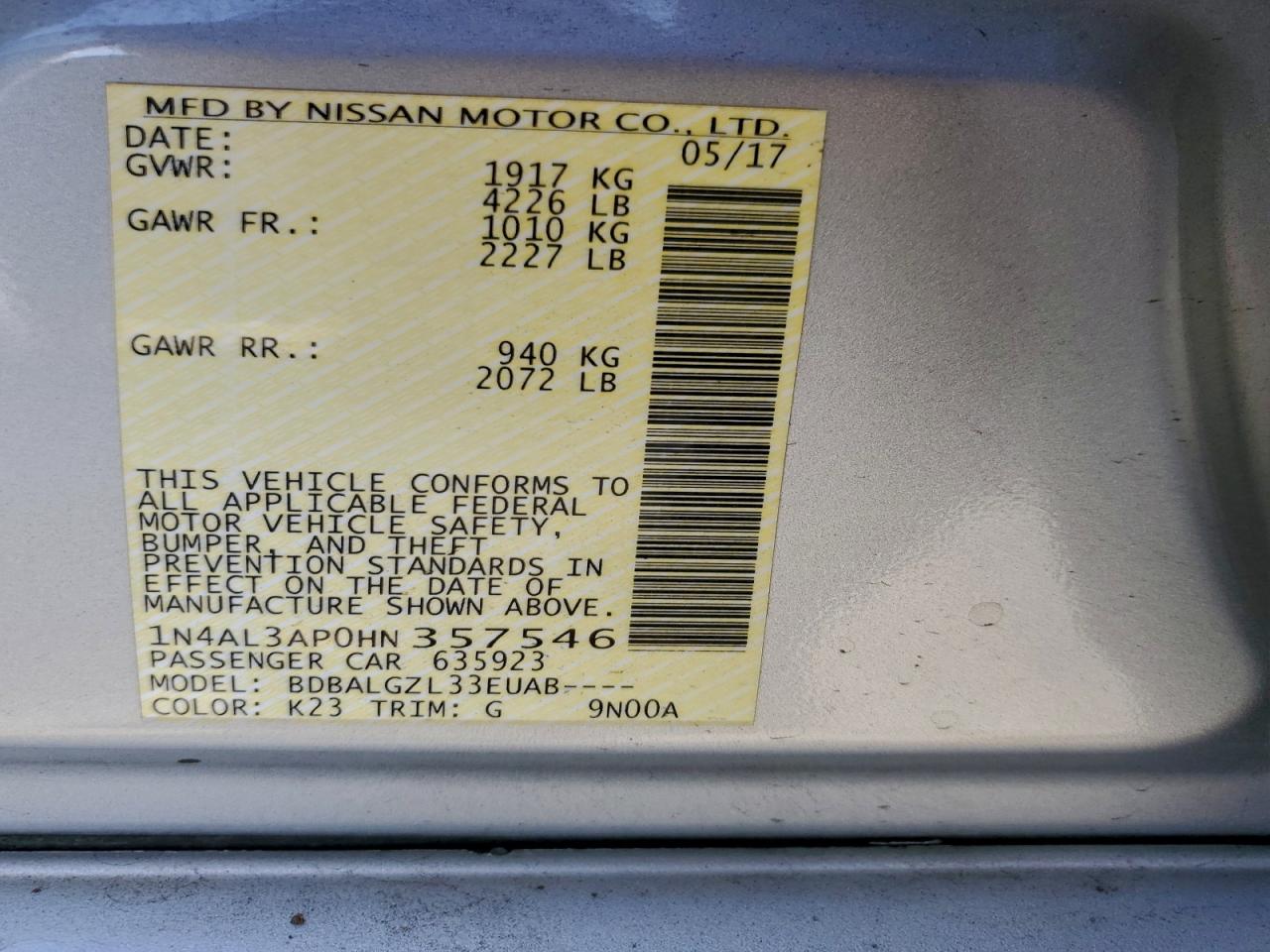 2017 NISSAN ALTIMA 2.5 photo 12