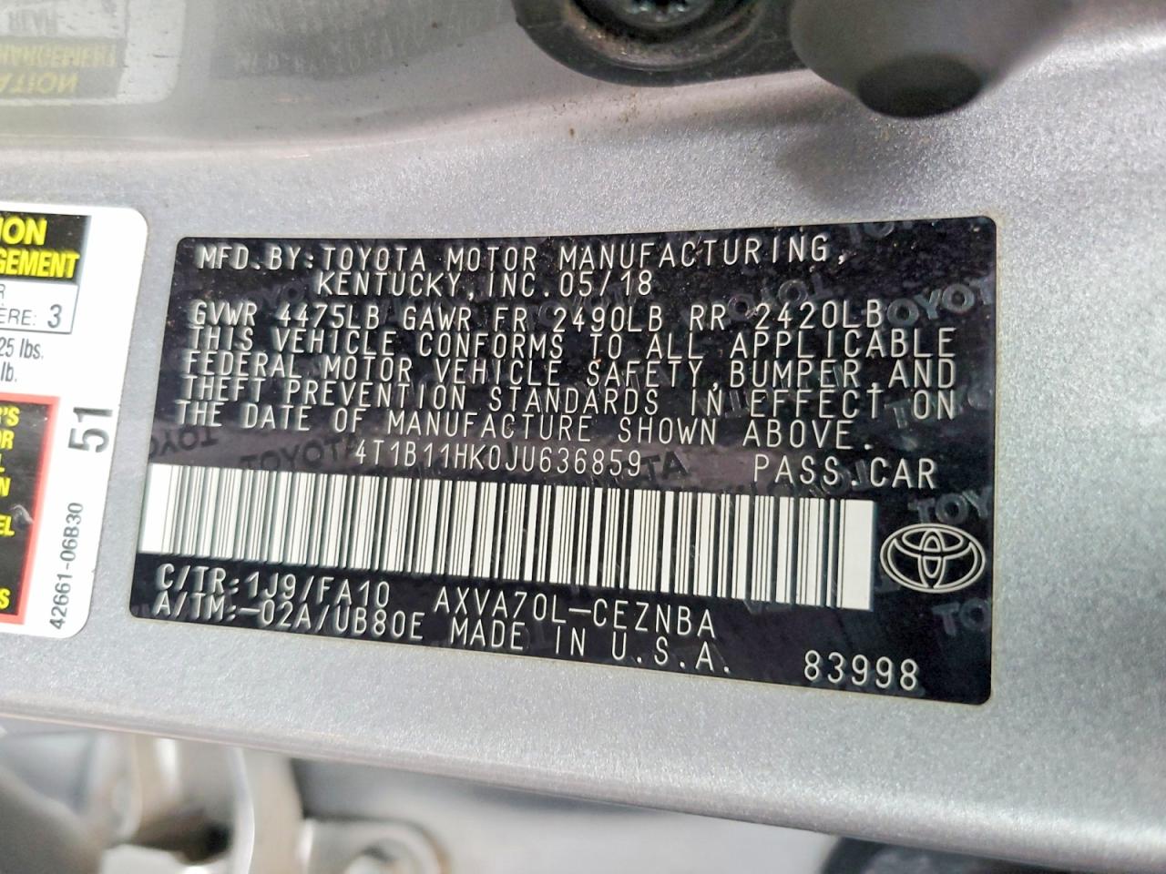 2018 TOYOTA CAMRY LE photo 12