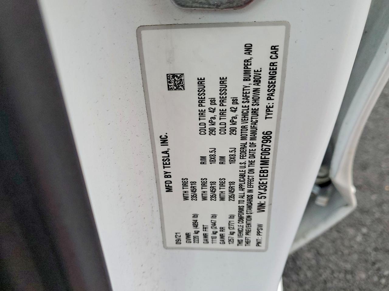 2021 TESLA MODEL 3 photo 13