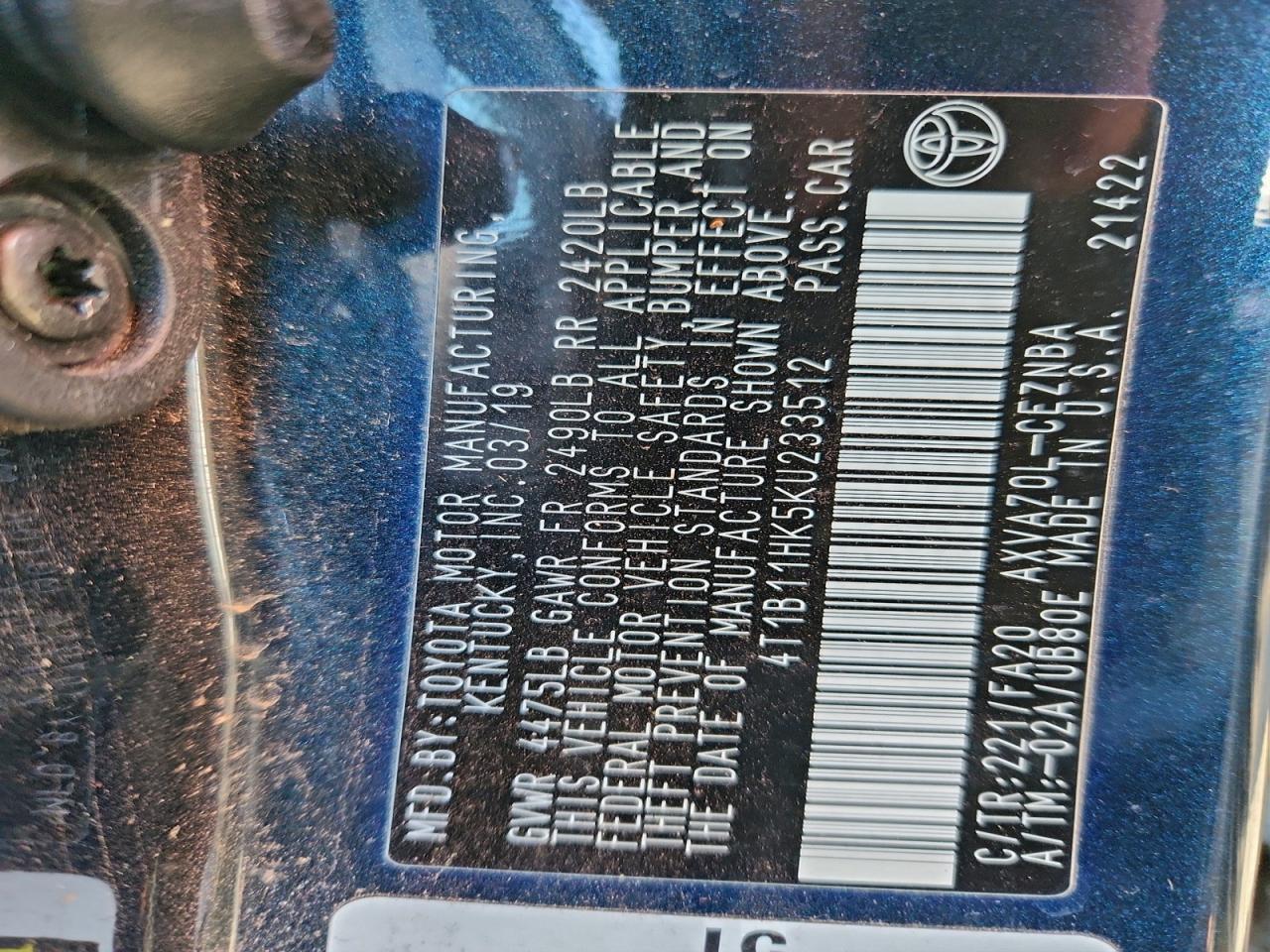 2019 TOYOTA CAMRY L photo 12