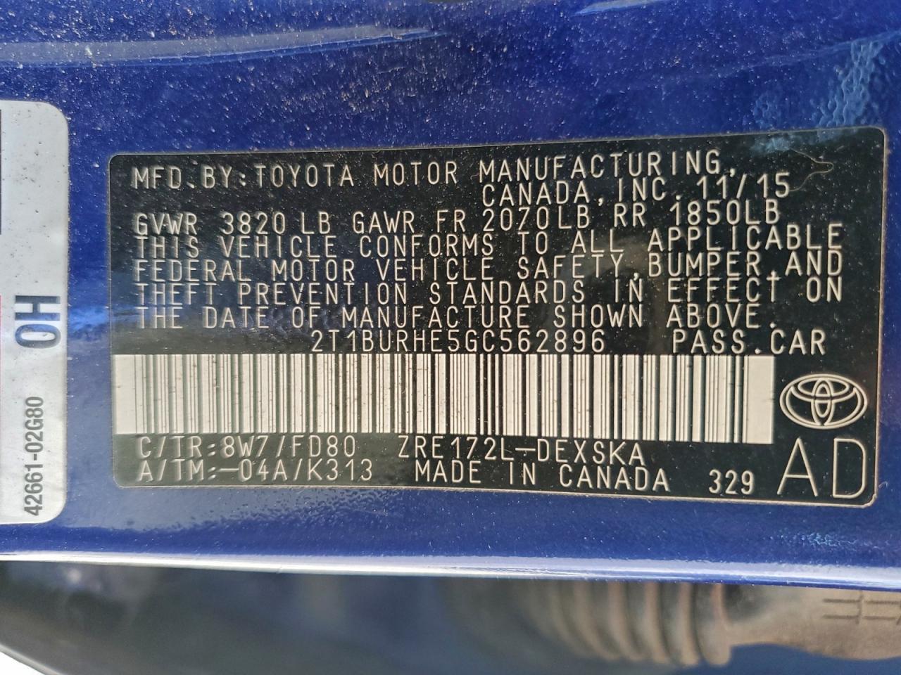 2016 TOYOTA COROLLA L photo 13