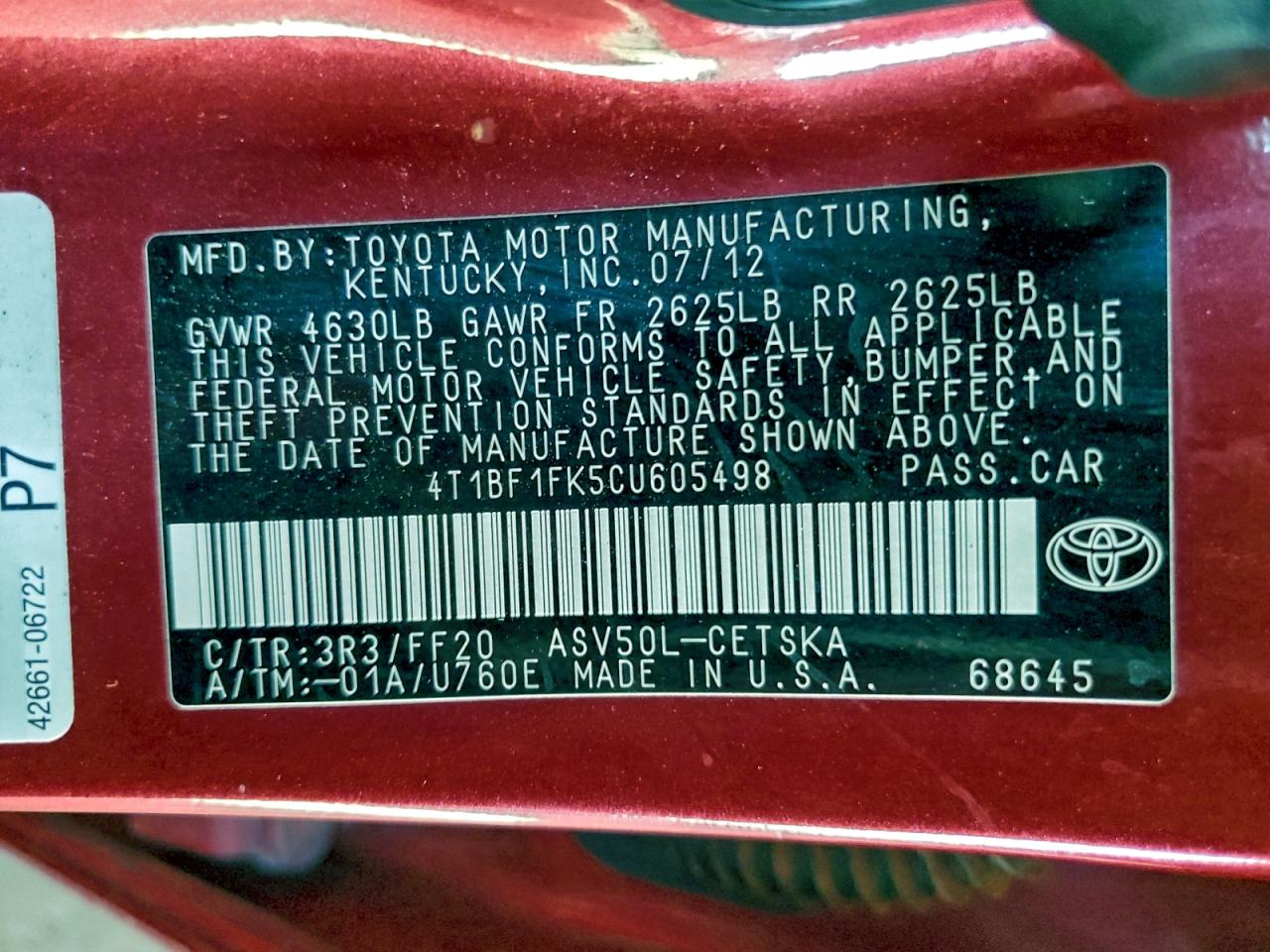 2012 TOYOTA CAMRY BASE photo 12