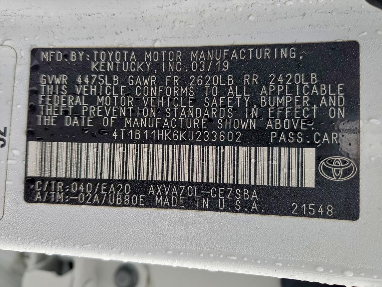 2019 TOYOTA CAMRY L photo 12