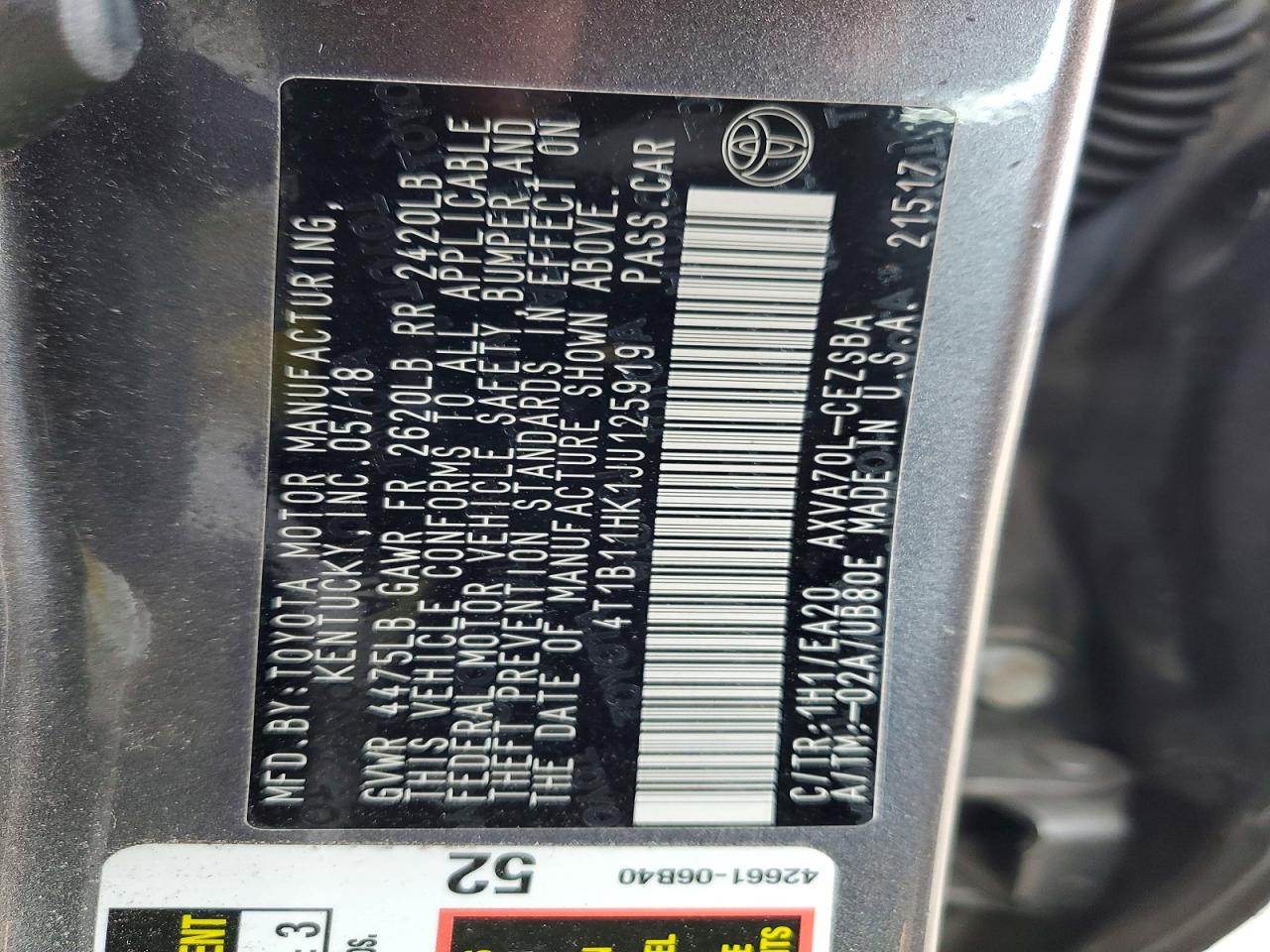 2018 TOYOTA CAMRY L photo 12