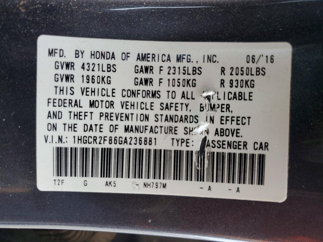 2016 HONDA ACCORD EXL photo 12
