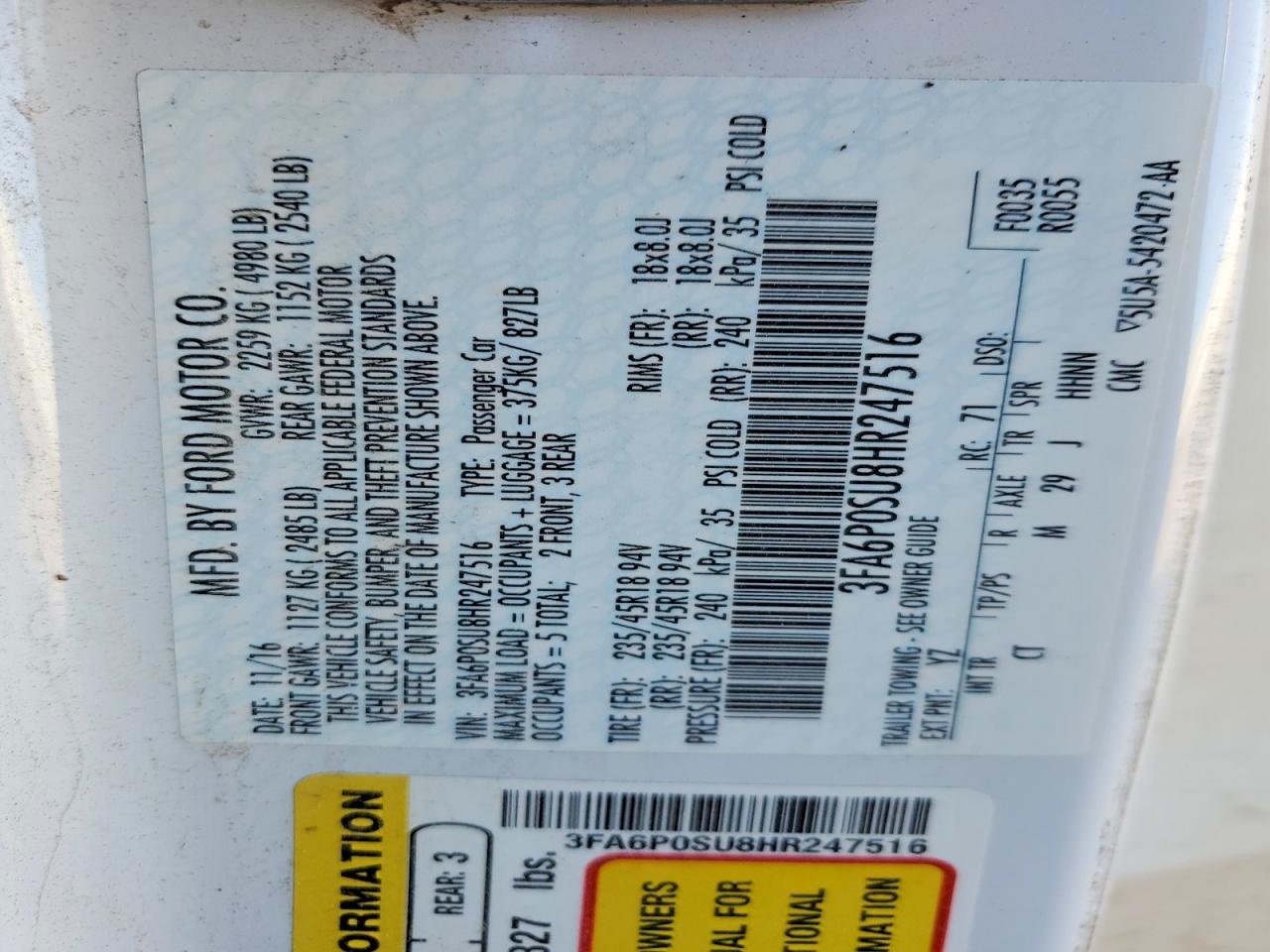 2017 FORD FUSION TITANIUM PHEV photo 12
