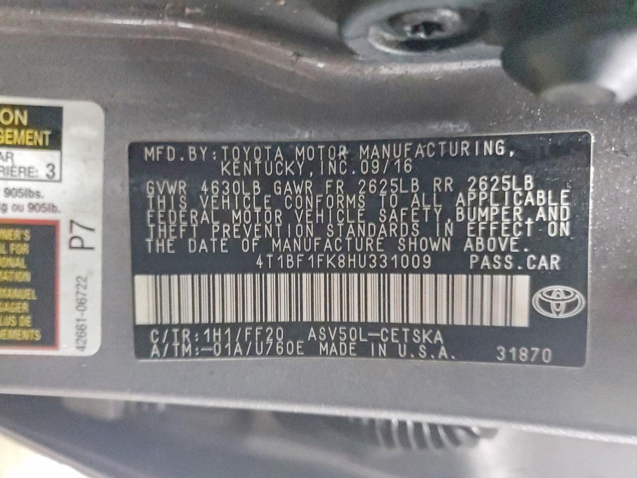 2017 TOYOTA CAMRY LE photo 12