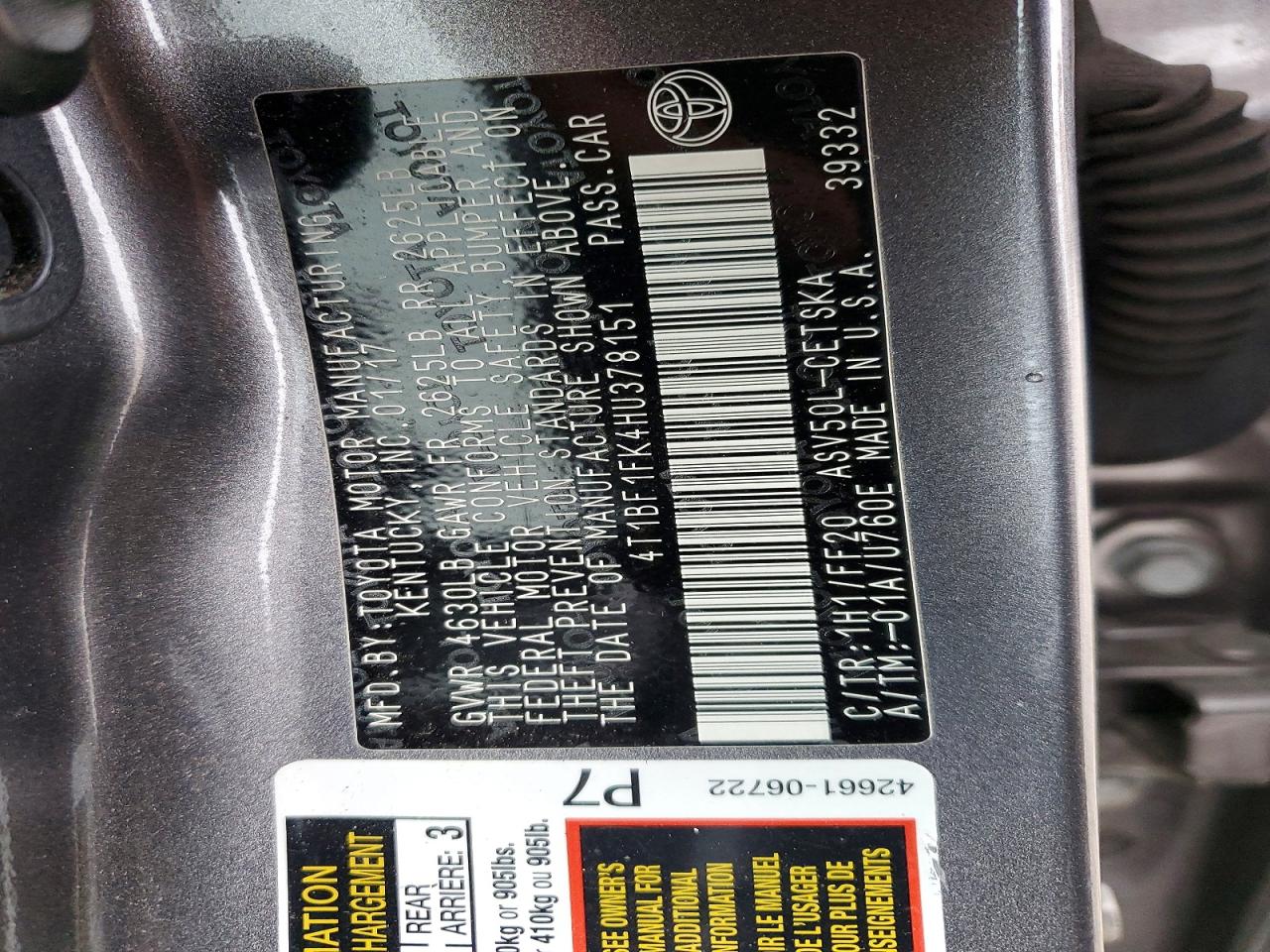 2017 TOYOTA CAMRY LE photo 12