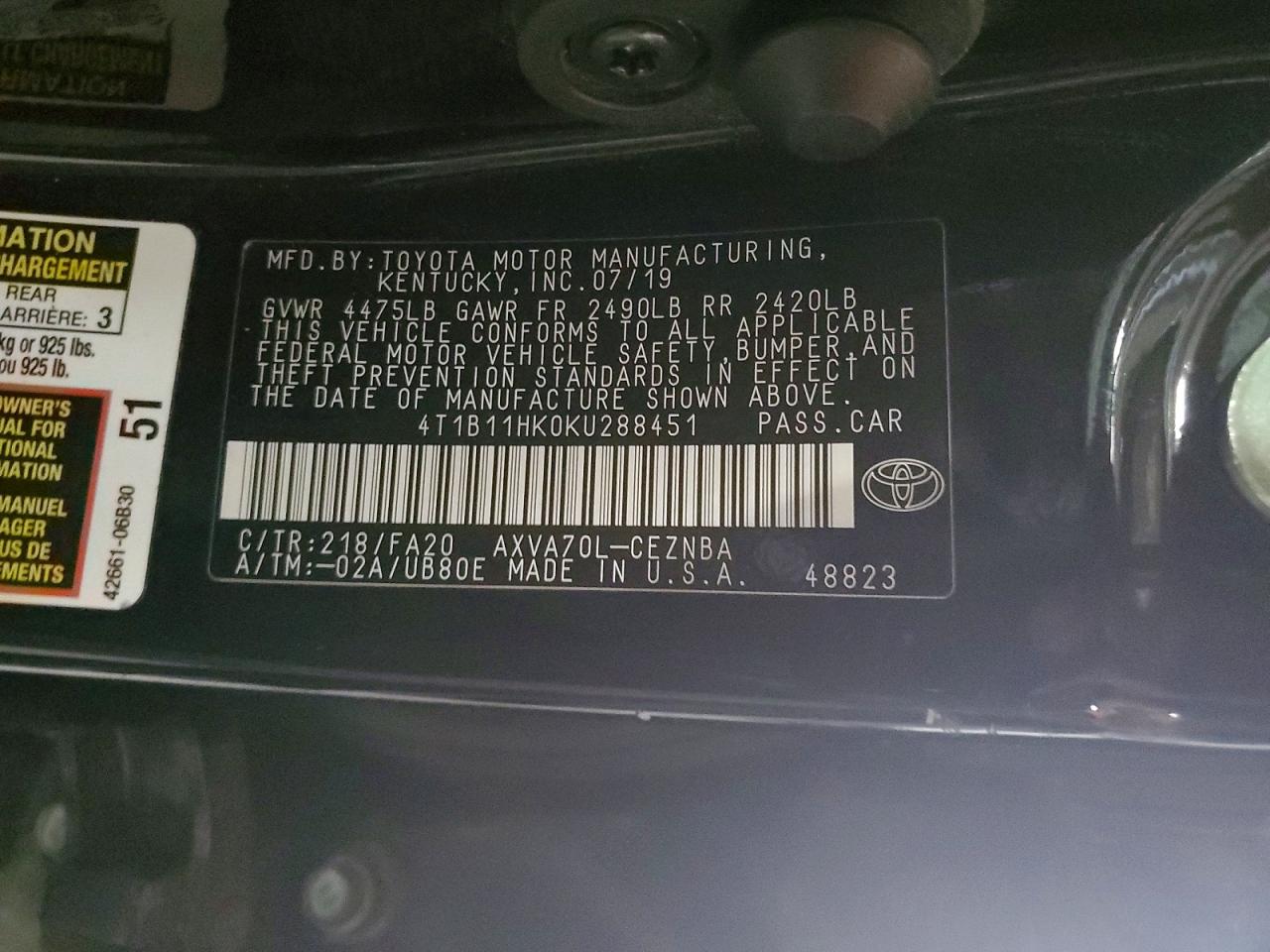 2019 TOYOTA CAMRY LE photo 12