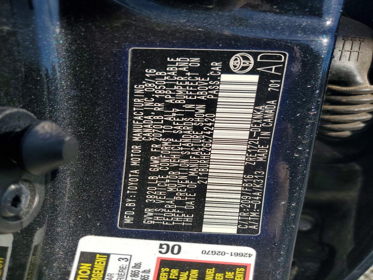 2016 TOYOTA COROLLA L photo 12