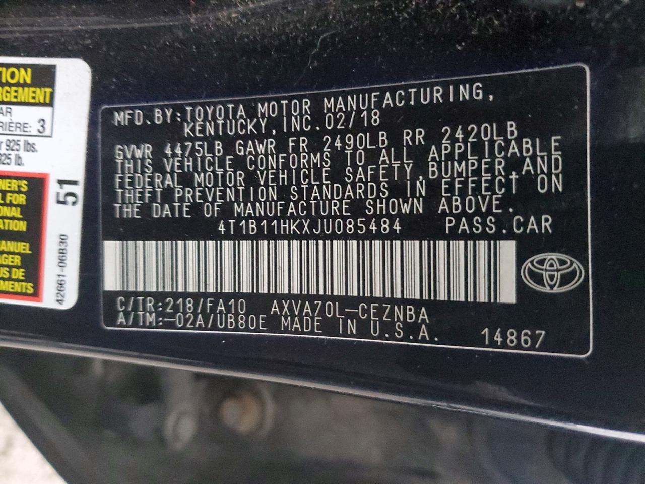 2018 TOYOTA CAMRY L photo 13