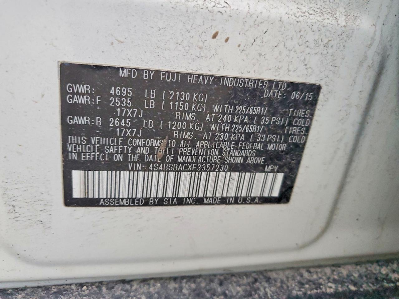2015 SUBARU OUTBACK 2.5I photo 12