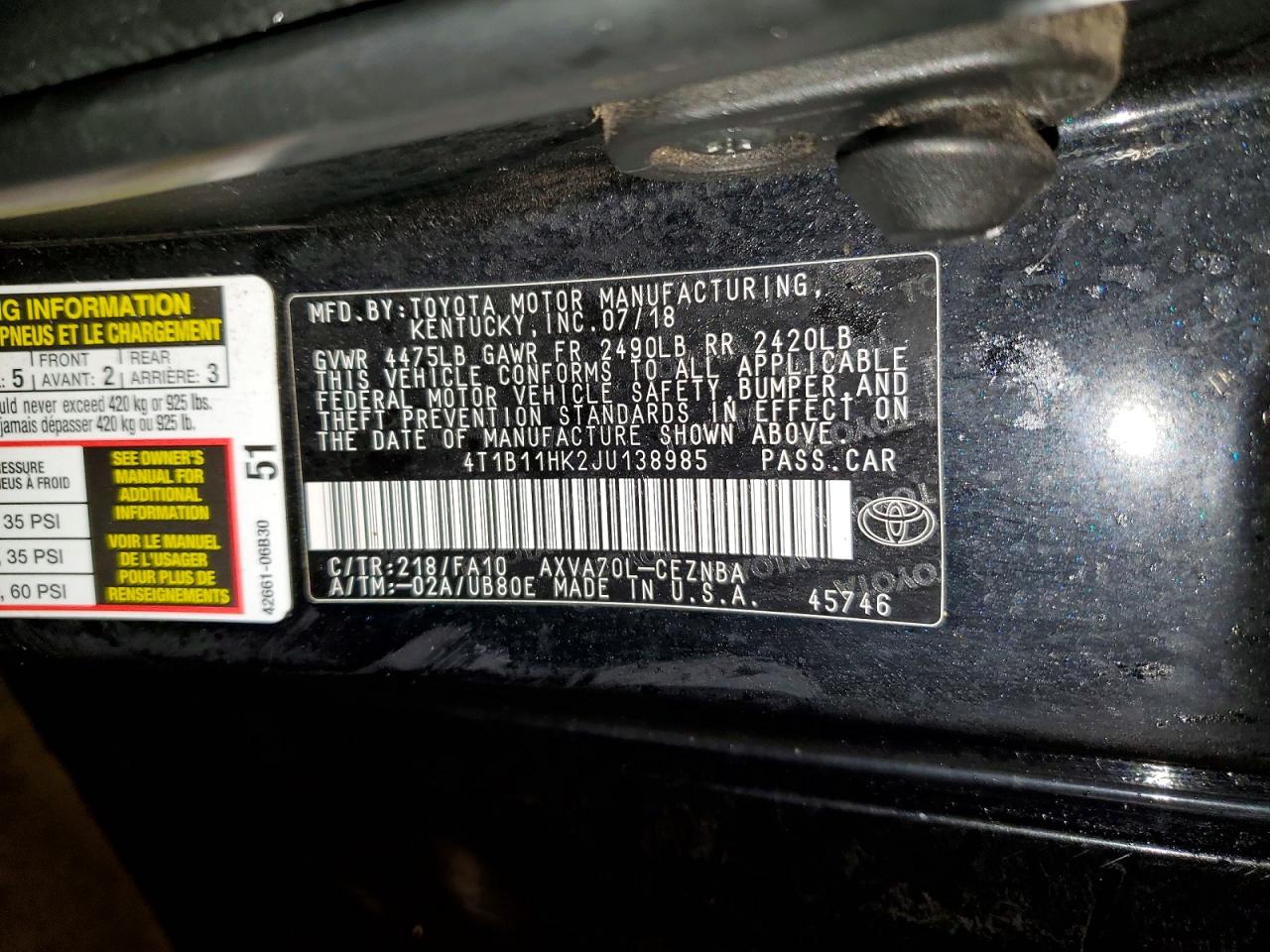 2018 TOYOTA CAMRY L photo 12