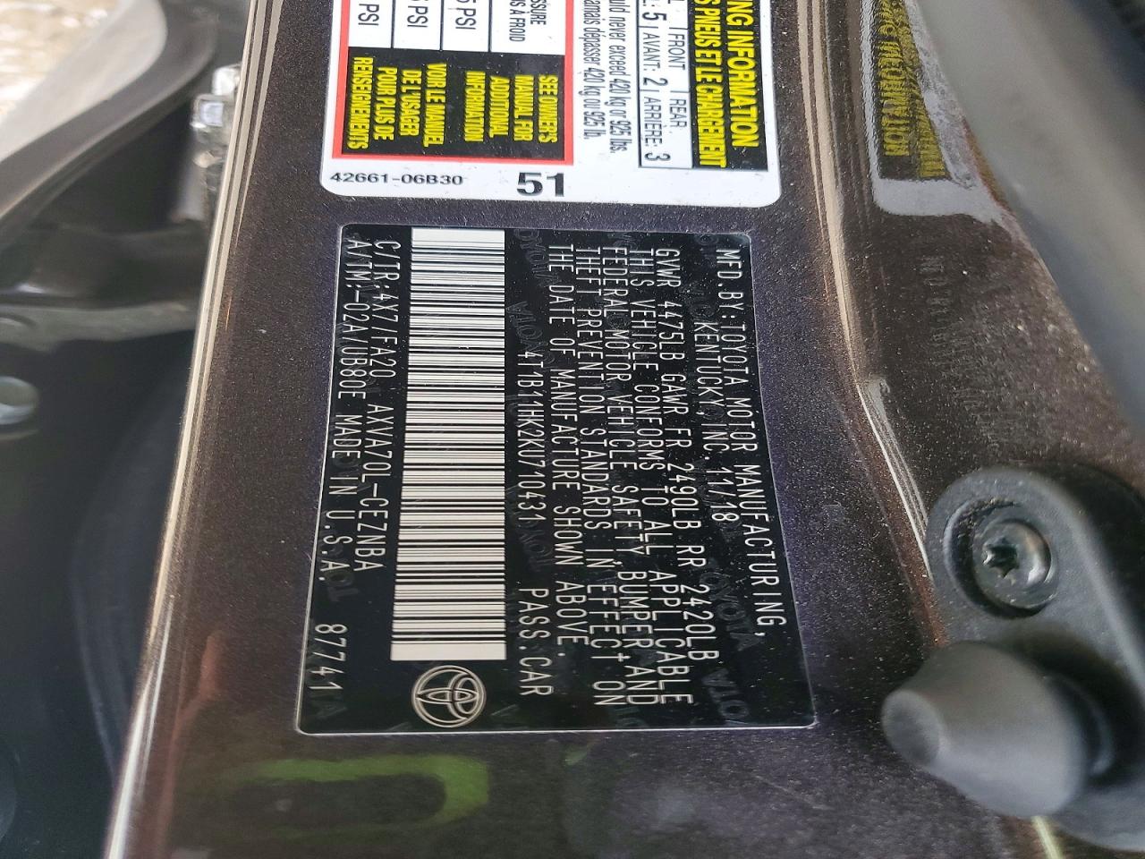 2019 TOYOTA CAMRY L photo 12