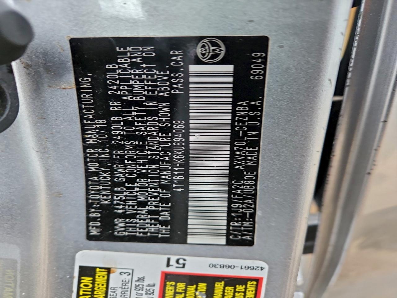 2019 TOYOTA CAMRY L photo 12