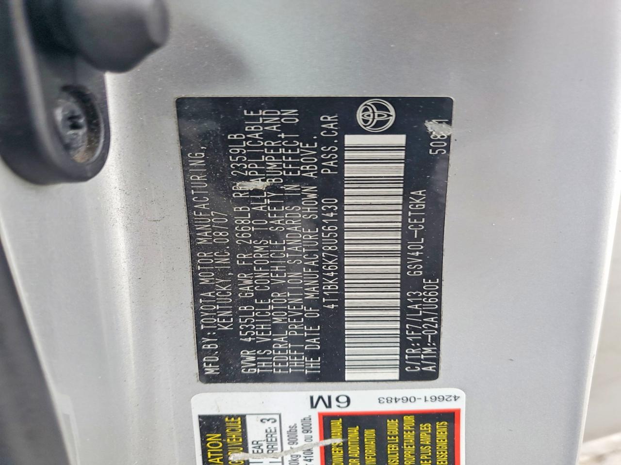 2008 TOYOTA CAMRY LE photo 12