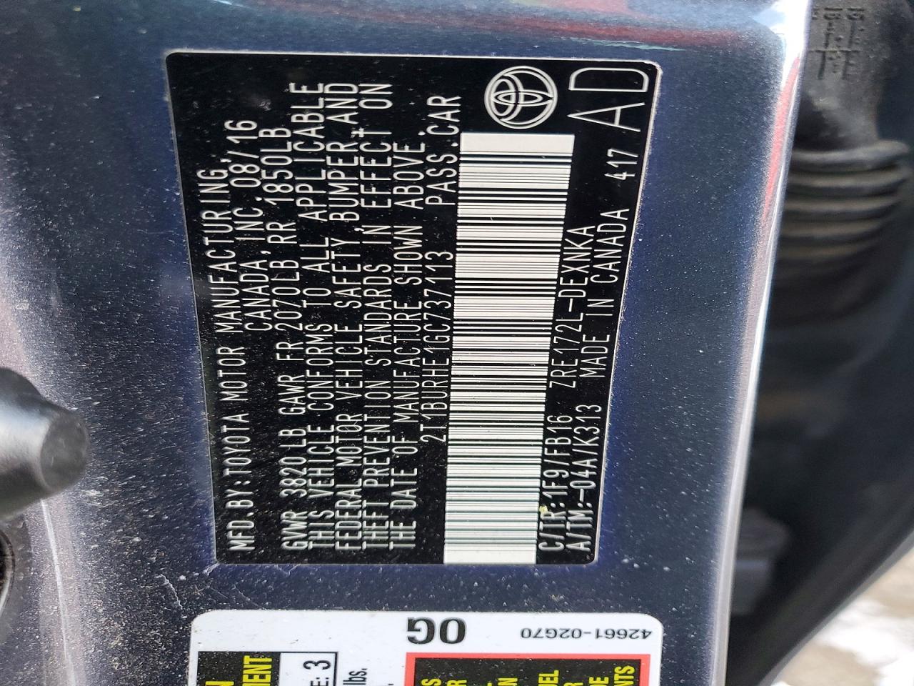 2016 TOYOTA COROLLA L photo 13