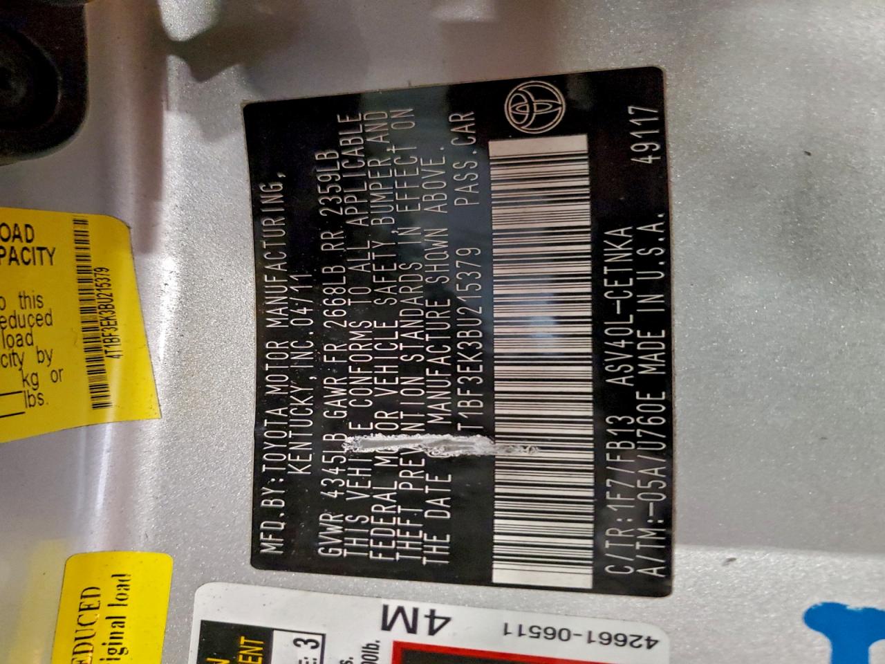 2011 TOYOTA CAMRY BASE photo 12