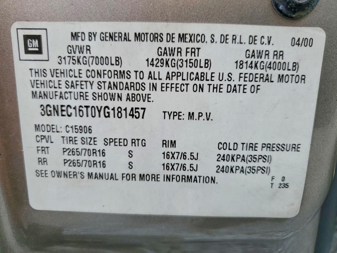 2000 CHEVROLET SUBURBAN C1500 photo 14
