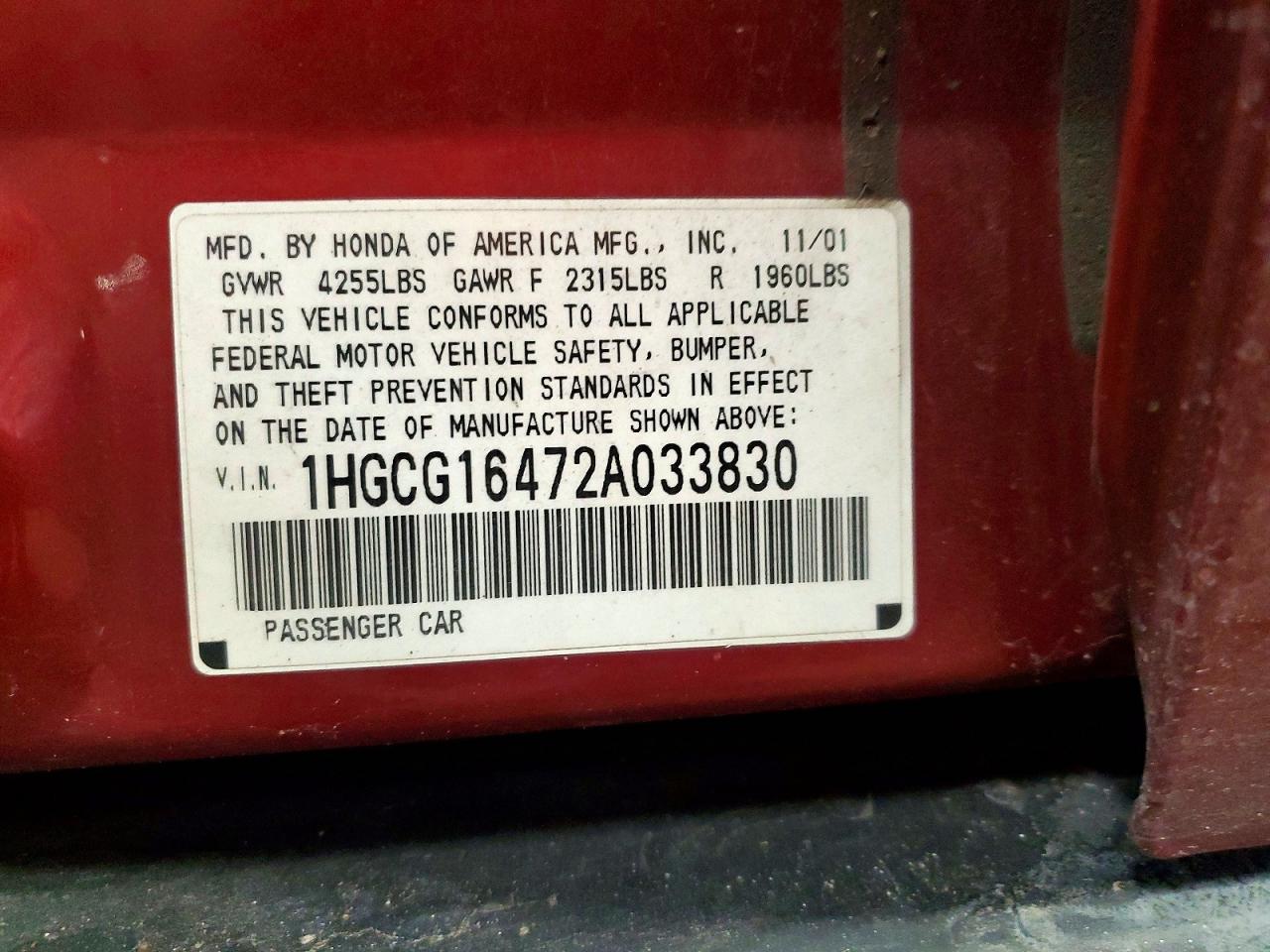 2002 HONDA ACCORD LX photo 12