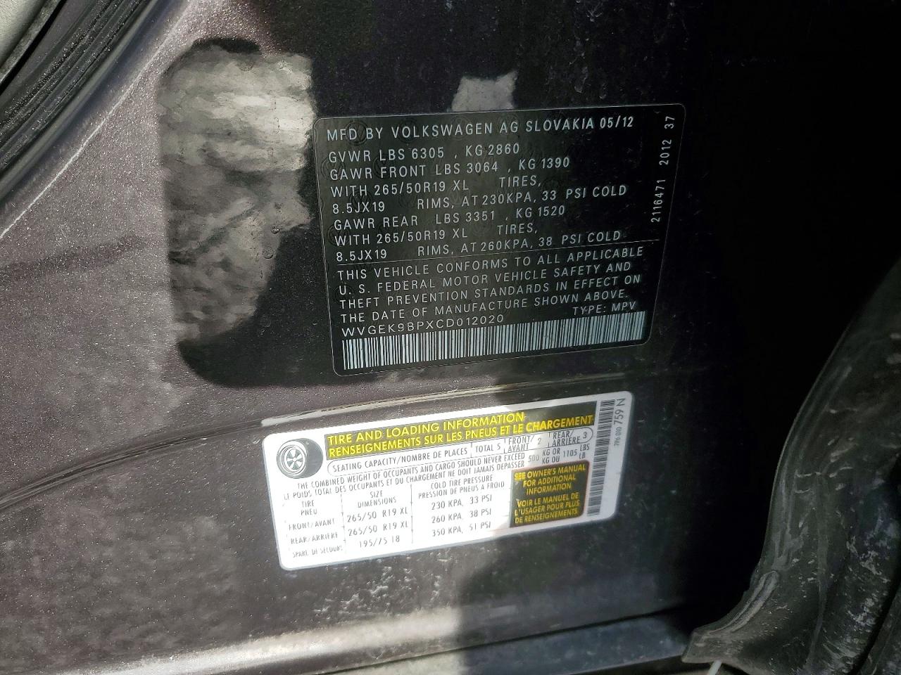 2012 VOLKSWAGEN TOUAREG V6 TDI photo 12