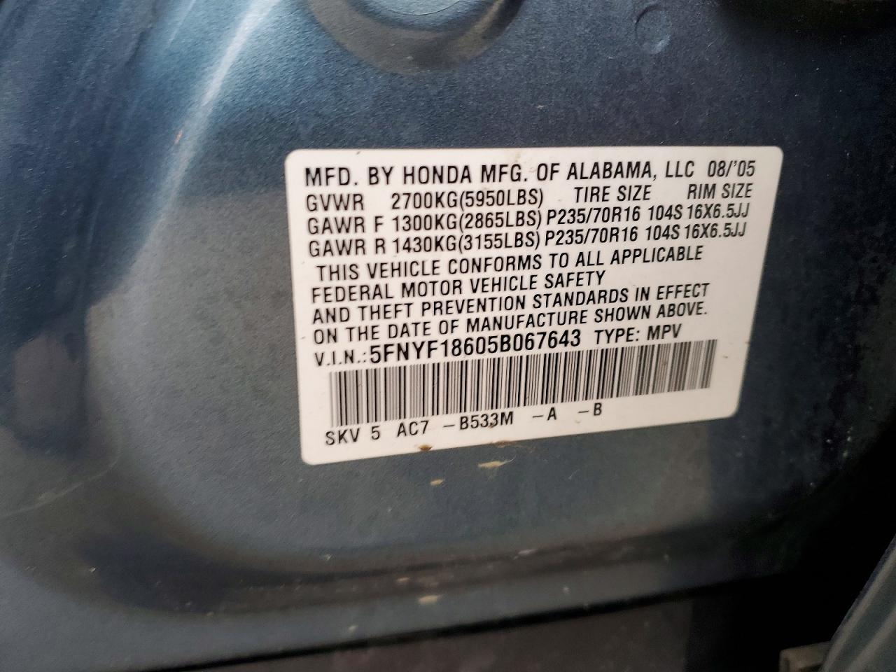 2005 HONDA PILOT EXL photo 13