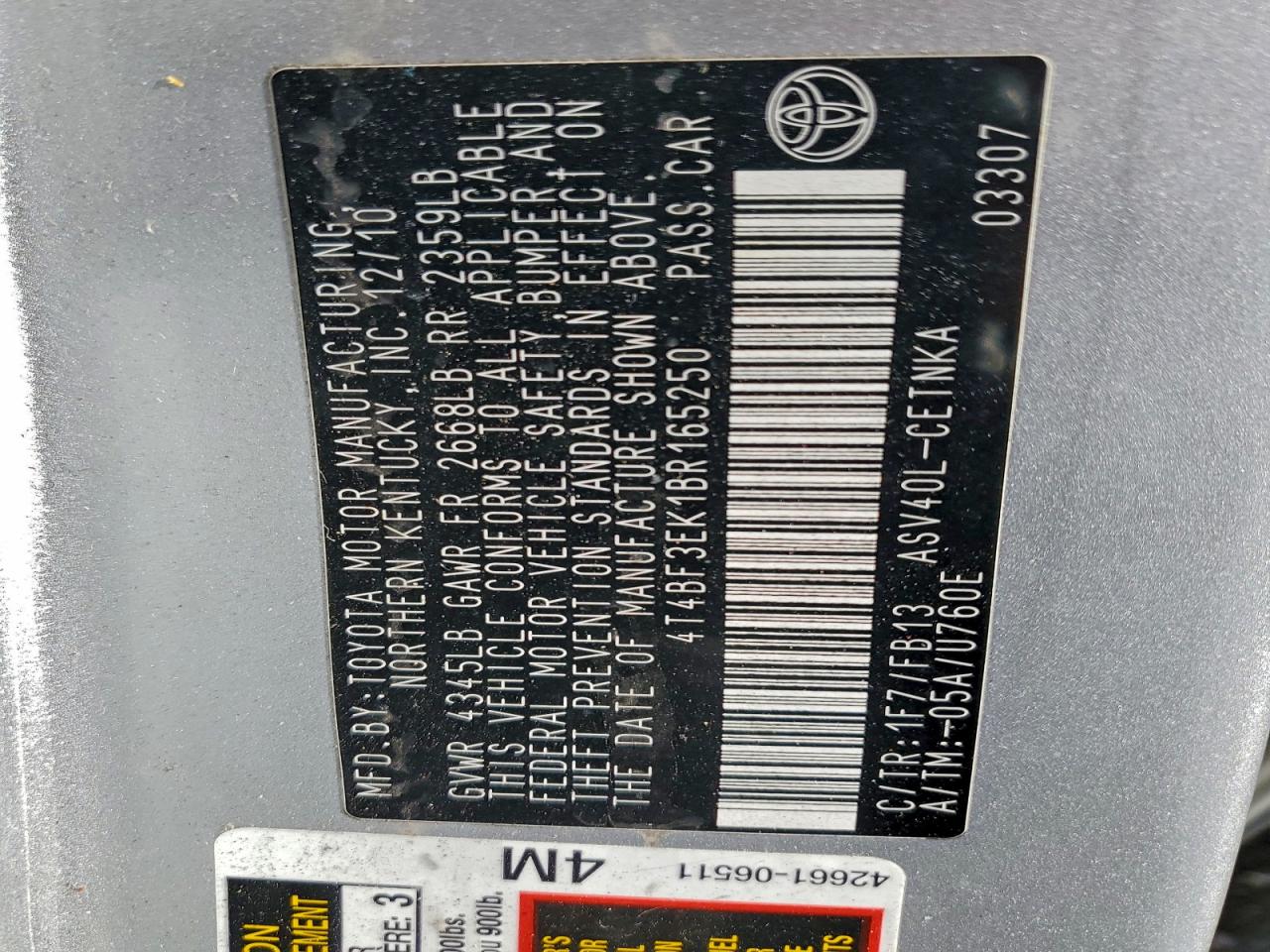 2011 TOYOTA CAMRY BASE photo 12