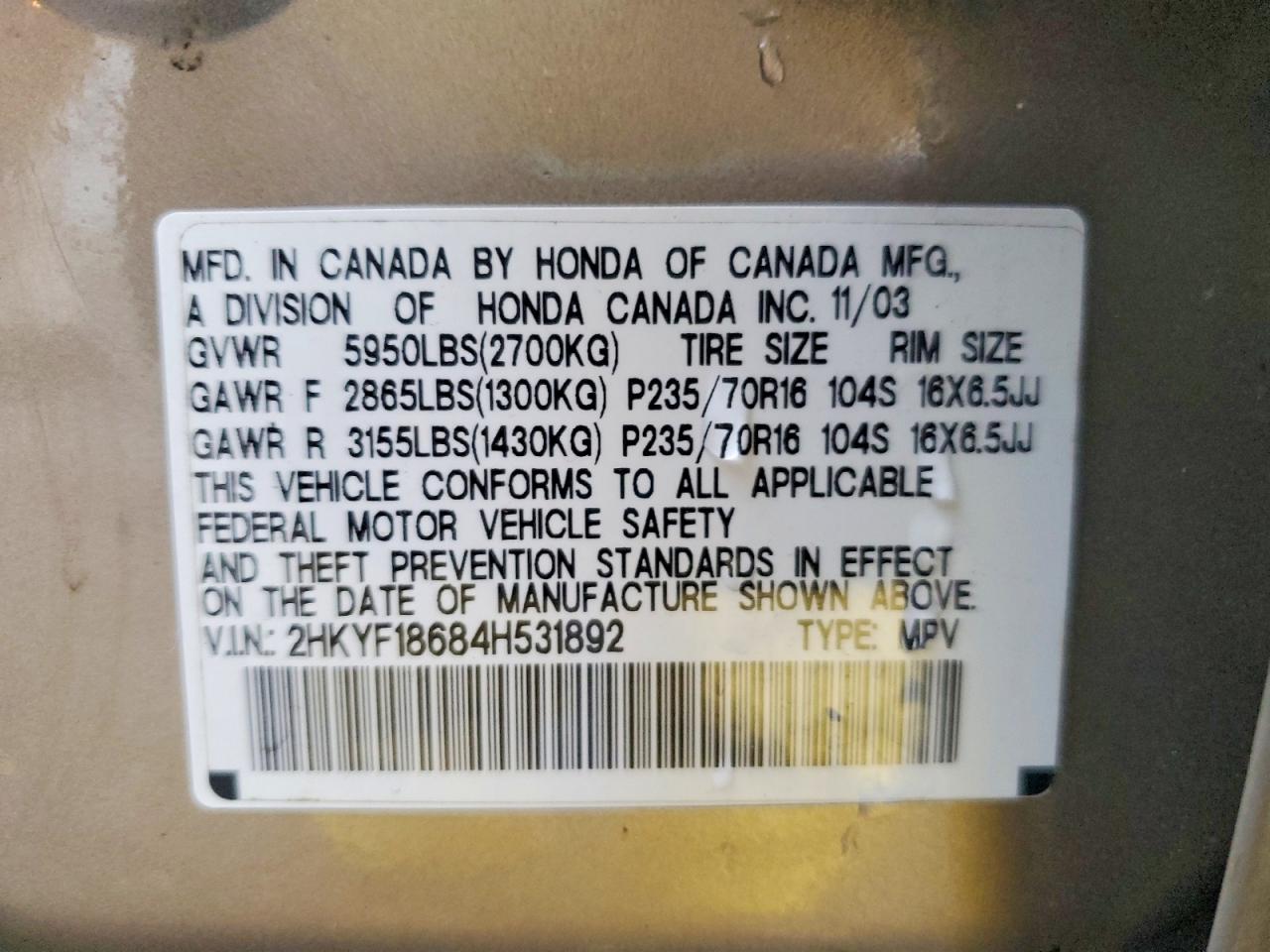 2004 HONDA PILOT EXL photo 13